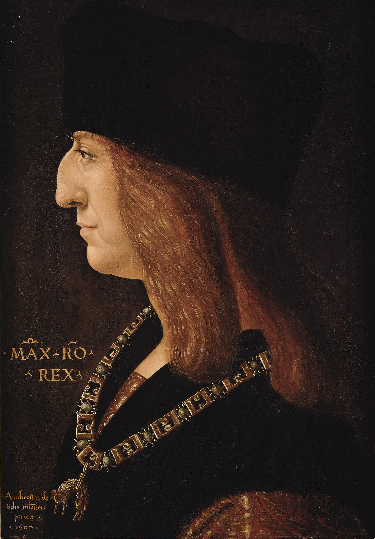 Ambrogio de' Predis | Emperor Maximilian I. | Displayed motifs: Human face, Person, Guitar, Musical instrument, Woman, Veil, 