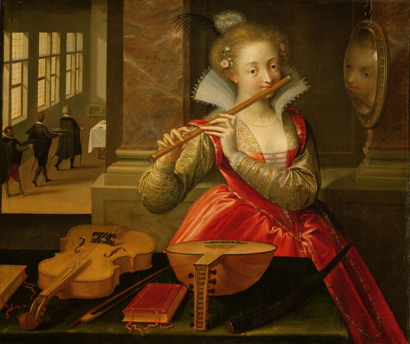 Dirk de Quade van Ravesteyn | Flötenspielerin (Allegorie der Musik?) | Displayed motifs: Human face, Violin, Veil, Clothing, Madonna, Person, Doll, 