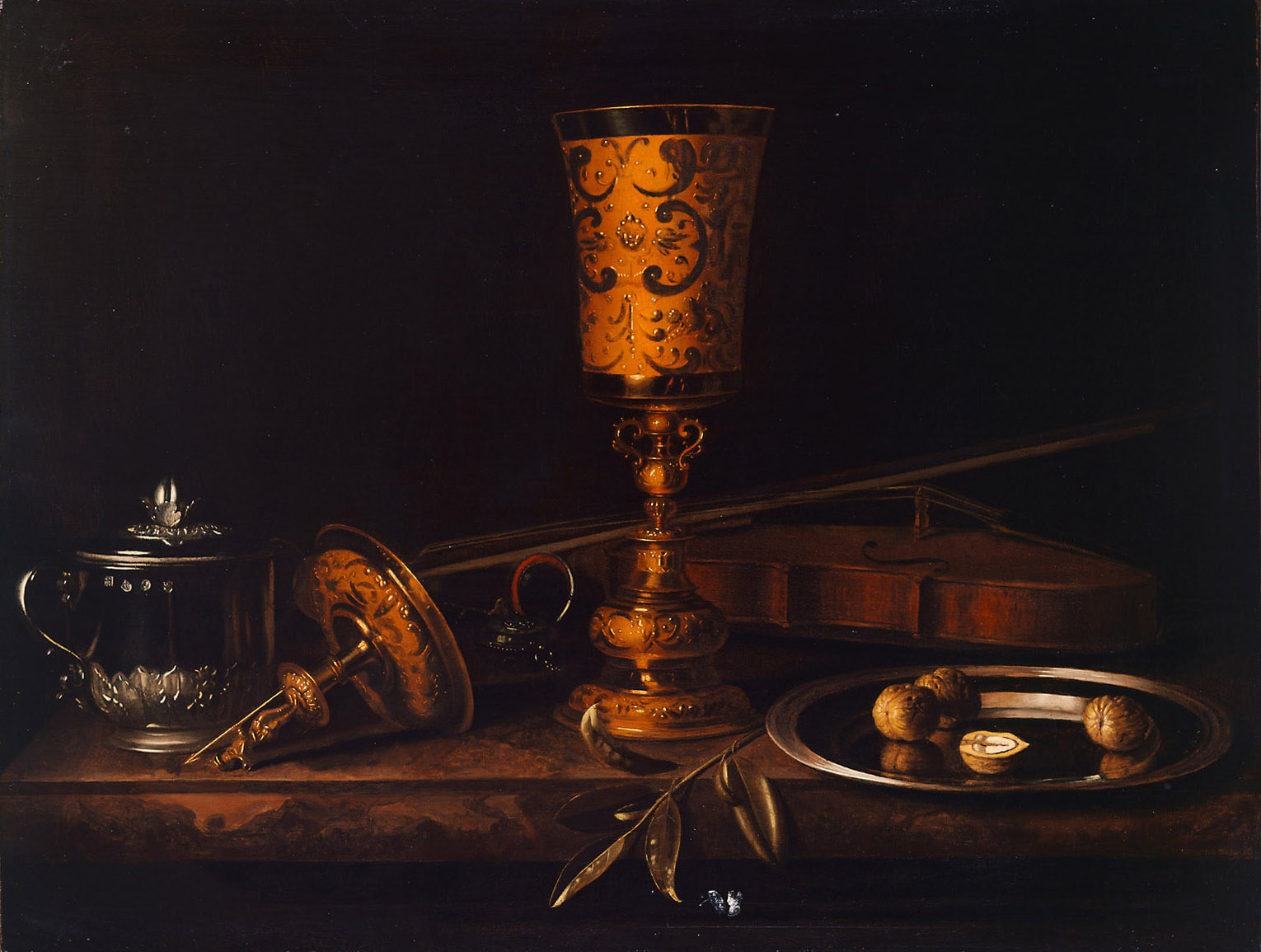 Pieter Gerritsz van Roestraten | Vanitas-Stilleben | Displayed motifs: Musical instrument, Tableware, Lamp, Table, 