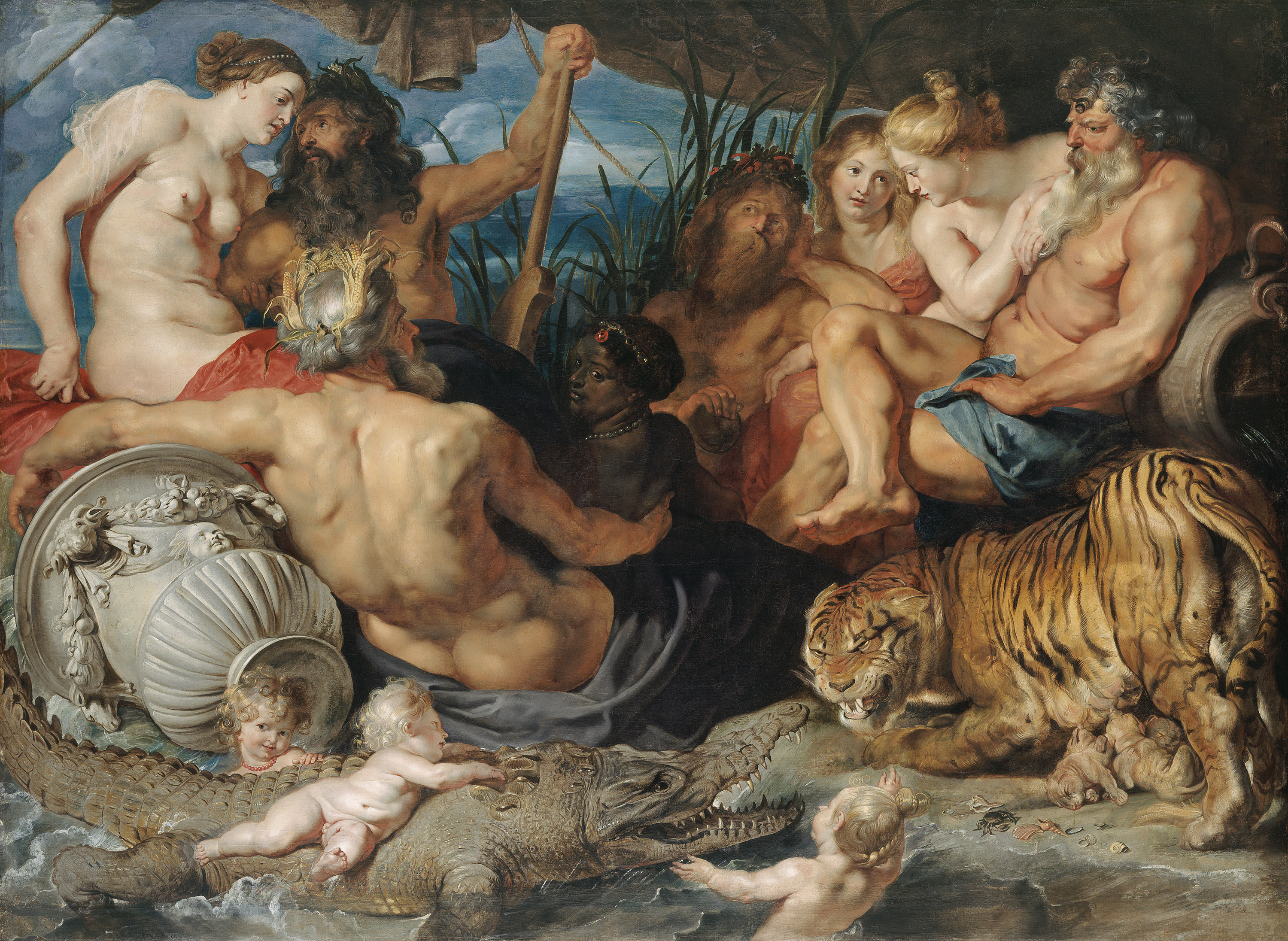 Peter Paul Rubens | The Four Rivers of Paradise | Displayed motifs: Putto, Man, Human face, Tiger, Lion, Dog, Vegetable, 