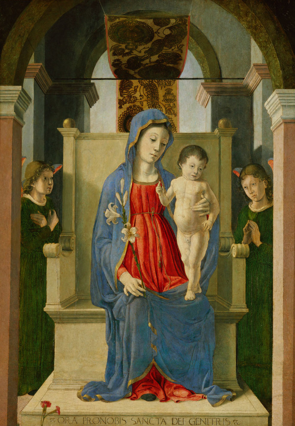 Marco Ruggiero Zoppo | Madonna mit der Lilie | Displayed motifs: Madonna, Coat of arms, Human face, Boy, Woman, Clothing, Person, 