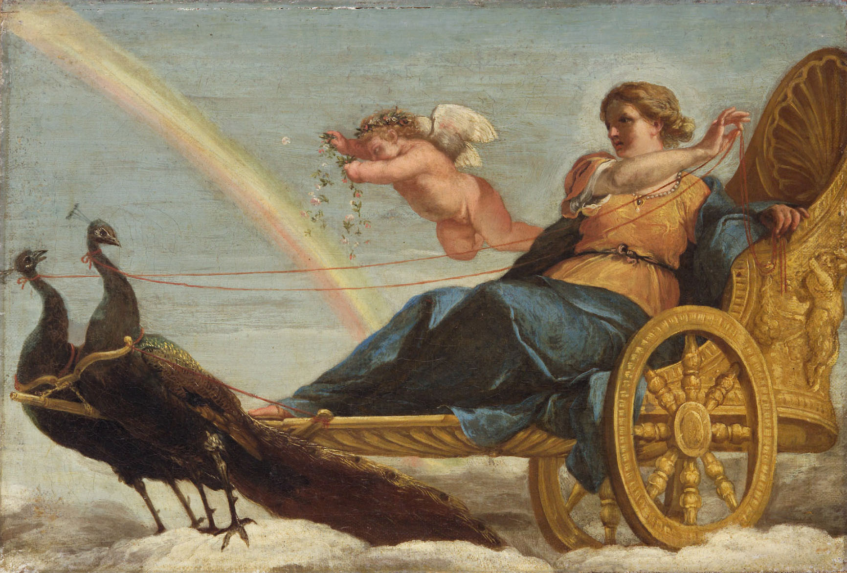 Andrea Sacchi | Juno auf dem Pfauenwagen | Displayed motifs: Putto, Turkey, Halo, Wheel, Man, Human face, Bird, 