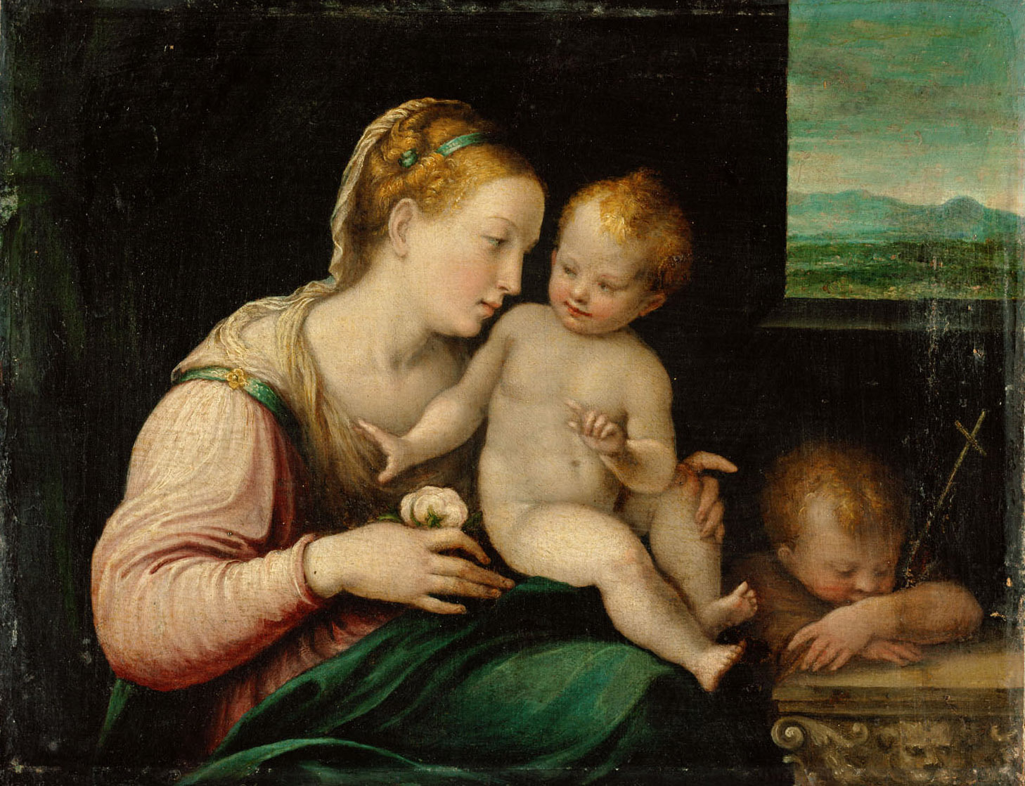 Orazio Samacchini | Maria mit Kind und Johannesknaben | Displayed motifs: Human face, Boy, Putto, Woman, Clothing, Madonna, Person, 