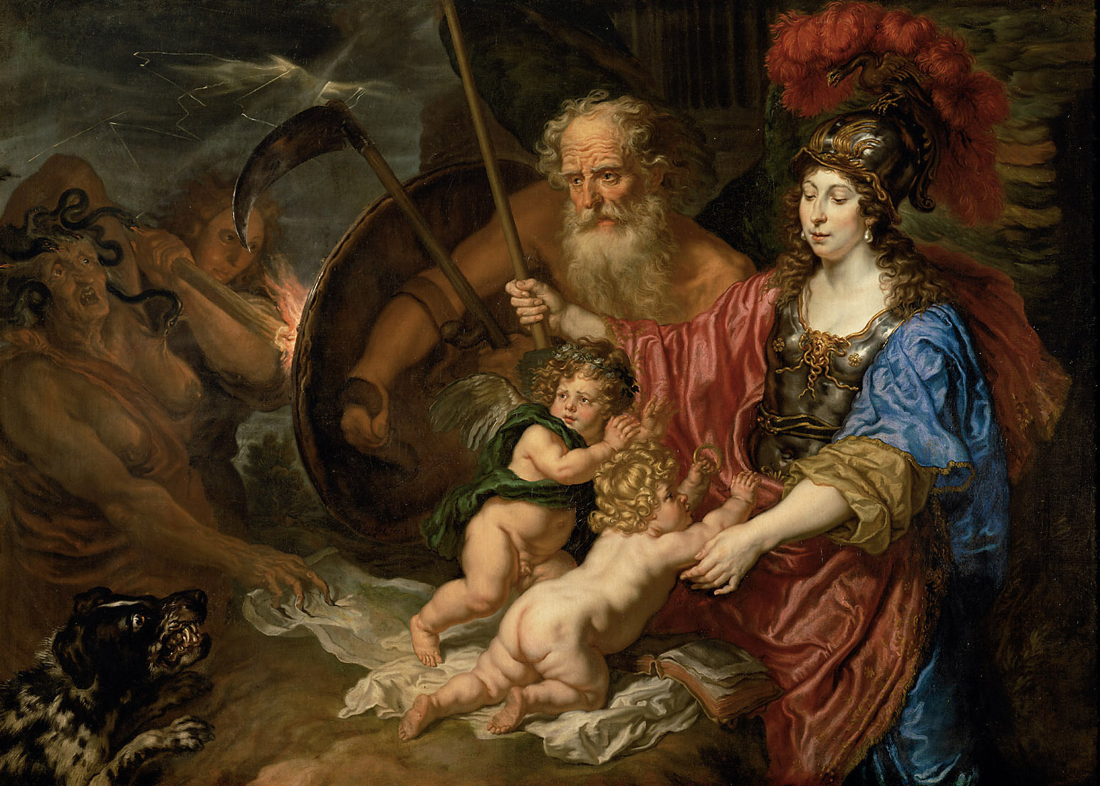 Joachim von Sandrart | Minerva and Saturn Protecting Art and Science | Displayed motifs: Putto, Carnivore, Woman, Human face, Madonna, Man, Clothing, 