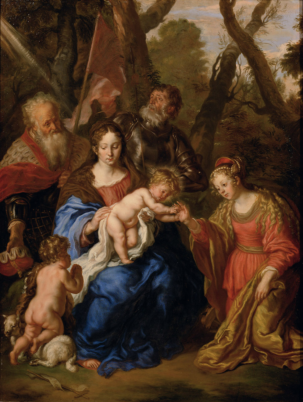 Joachim von Sandrart | Mystische Verlobung der Hl. Katharina und die Hll. Leopold und Wilhelm | Displayed motifs: Halo, Madonna, Human face, Woman, Putto, Clothing, Man, 