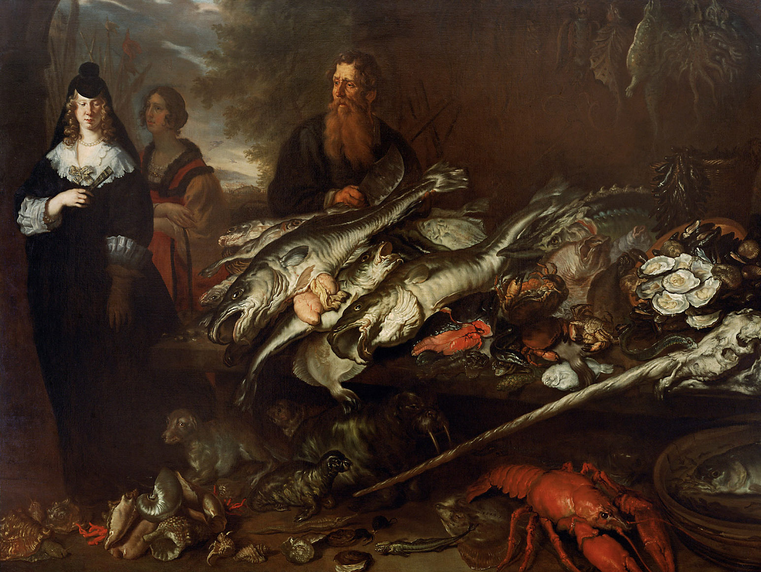 Joachim von Sandrart | Large Fish Market | Displayed motifs: Lobster, Woman, Clothing, Fish, Human face, Animal, Person, 