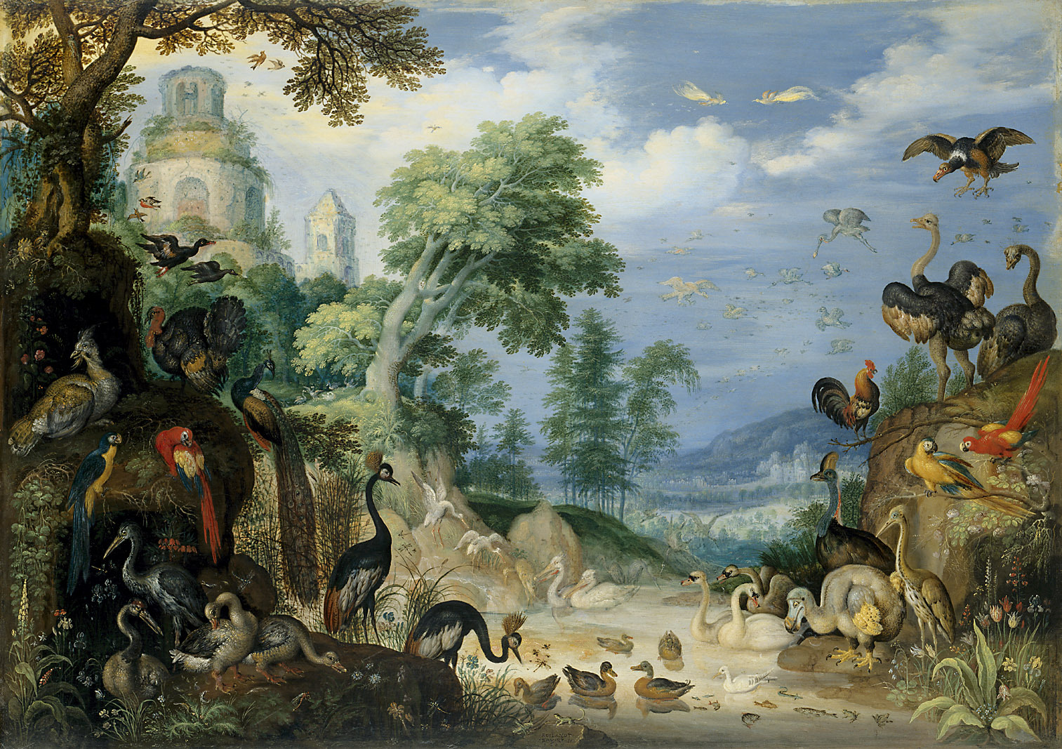 Roelant Savery | Landscape with Birds | Displayed motifs: Chicken, Bird, Tree, White dove, Goose, Putto, Building, 