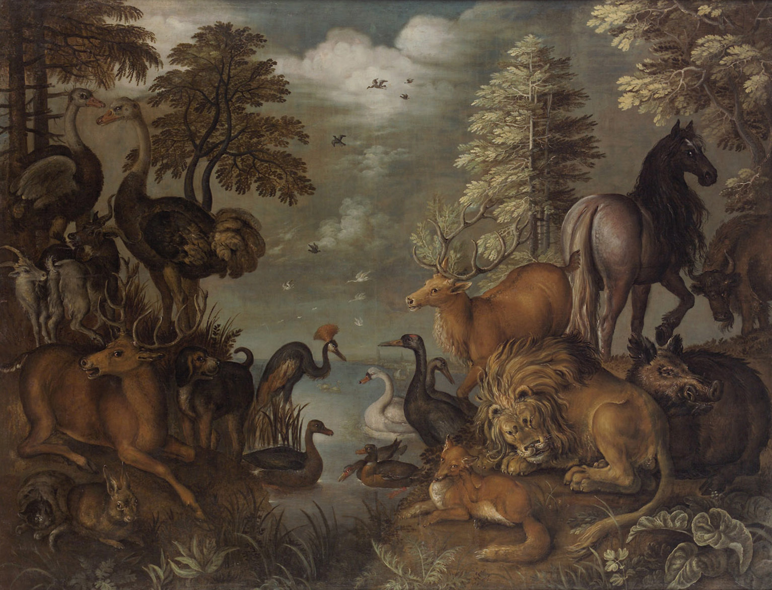 Anonym | Große Landschaft mit Tieren | Displayed motifs: Horse, Lion, Tree, Animal, Goose, Deer, Duck, 