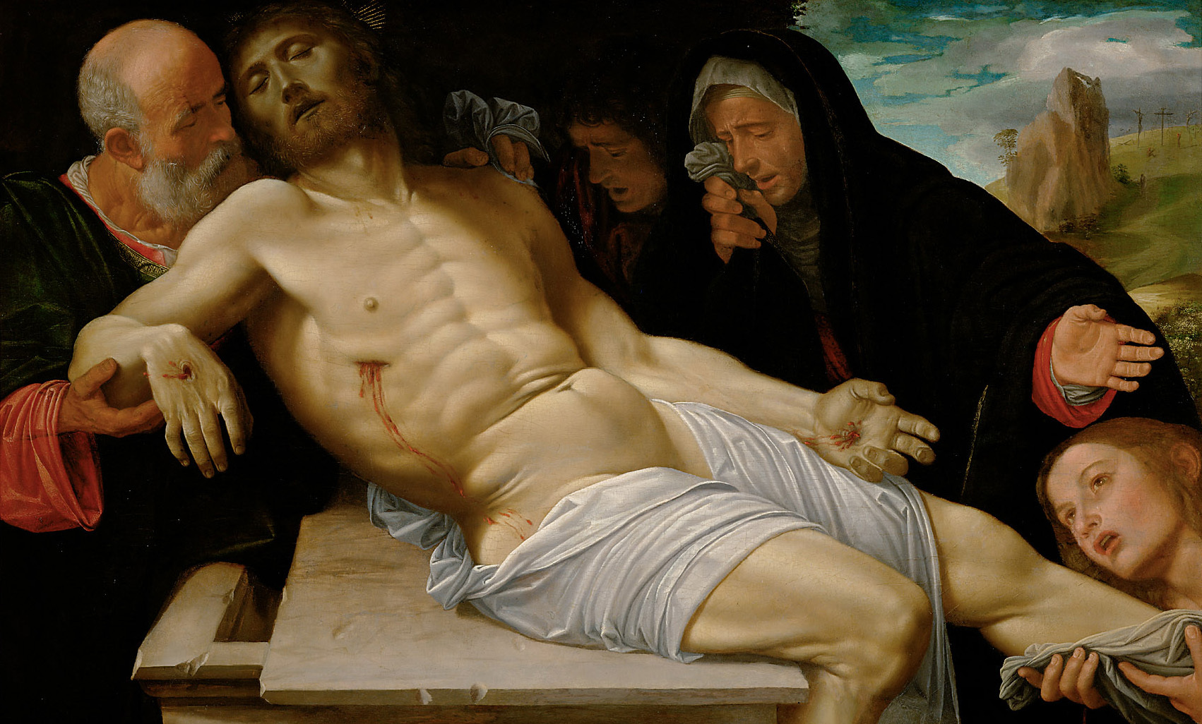 Giovan Gerolamo Savoldo | The Lamentation of Christ | Displayed motifs: Wound, Human face, Man, Veil, Woman, Halo, Clothing, 