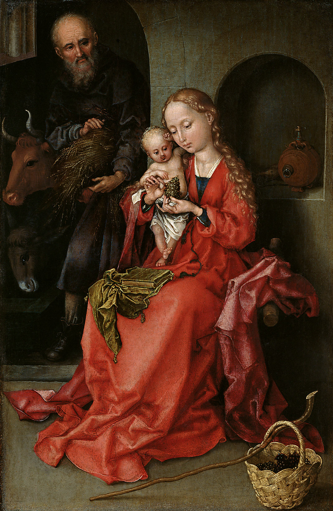 Martin Schongauer | Heilige Familie | Displayed motifs: Madonna, Human face, Woman, Clothing, Cattle, Man, Coat of arms, 