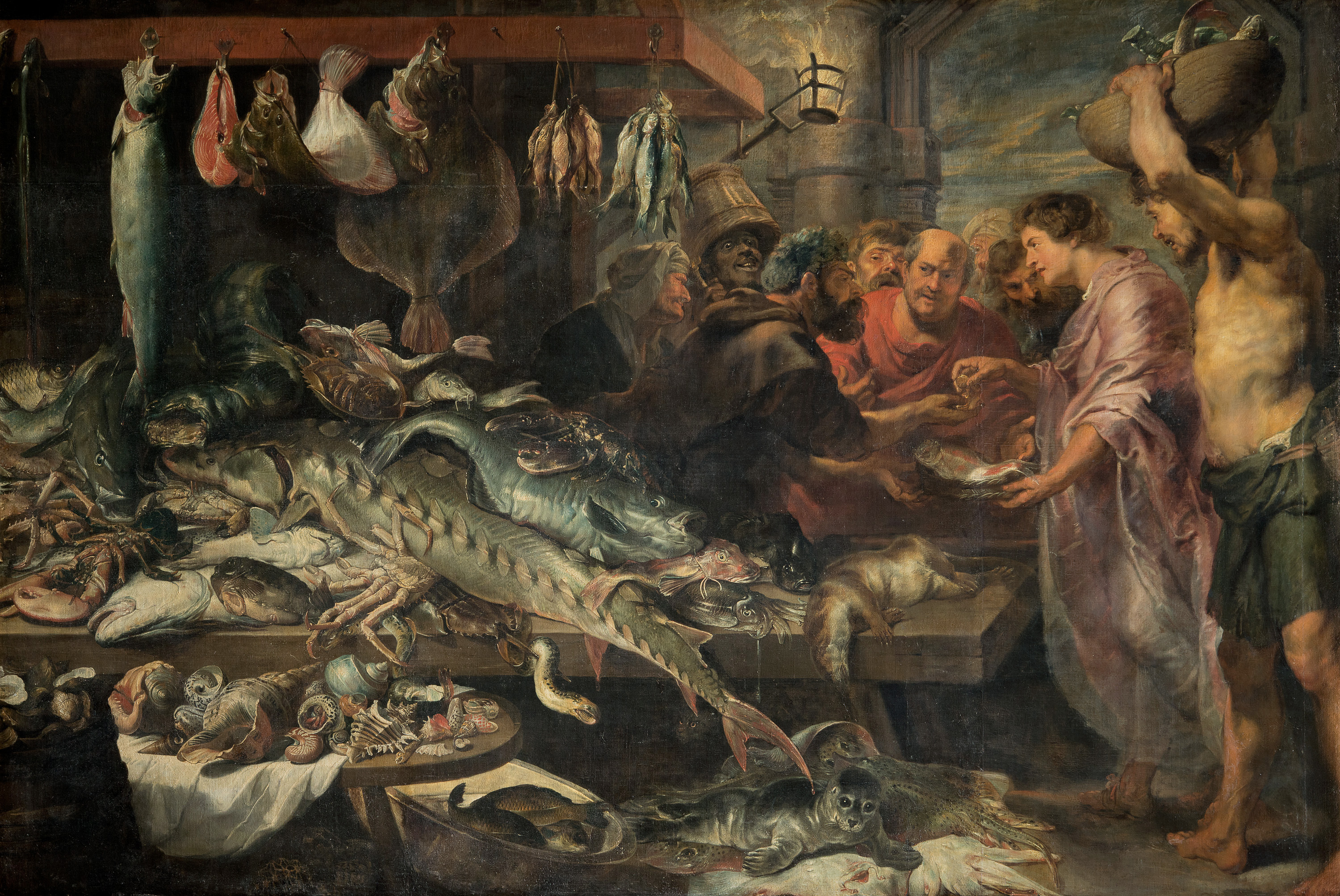 Frans Snyders | Fish Market | Displayed motifs: Fish, Clothing, Man, Miter, Human face, Halo, Veil, 