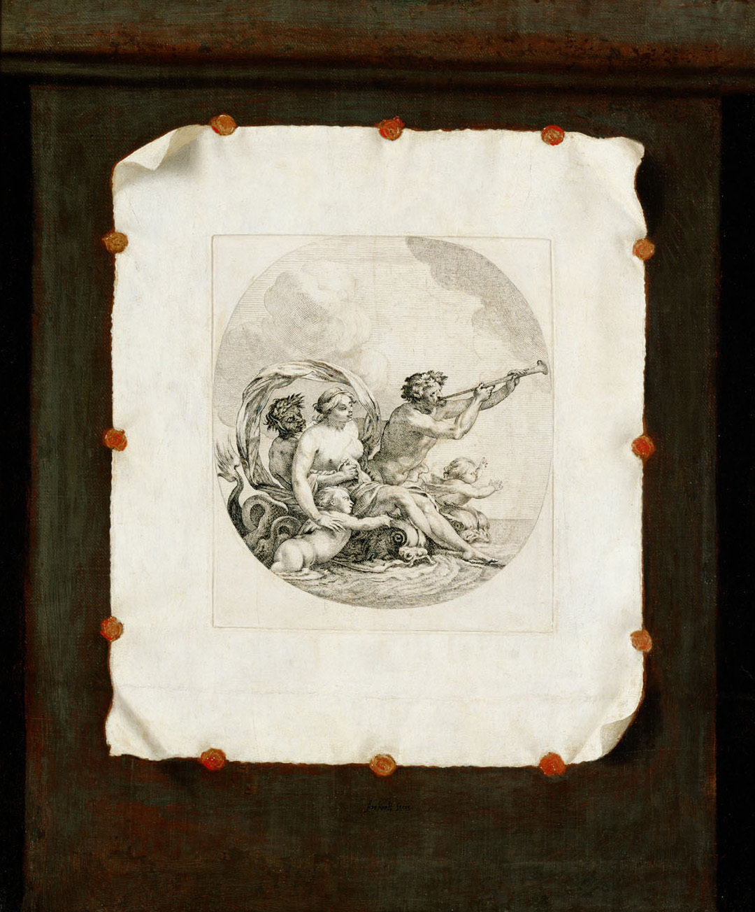Sebastian Stoskopff | Trompe l’Oeil (Galatea) | Displayed motifs: Putto, Nail, Person, Coat of arms, 