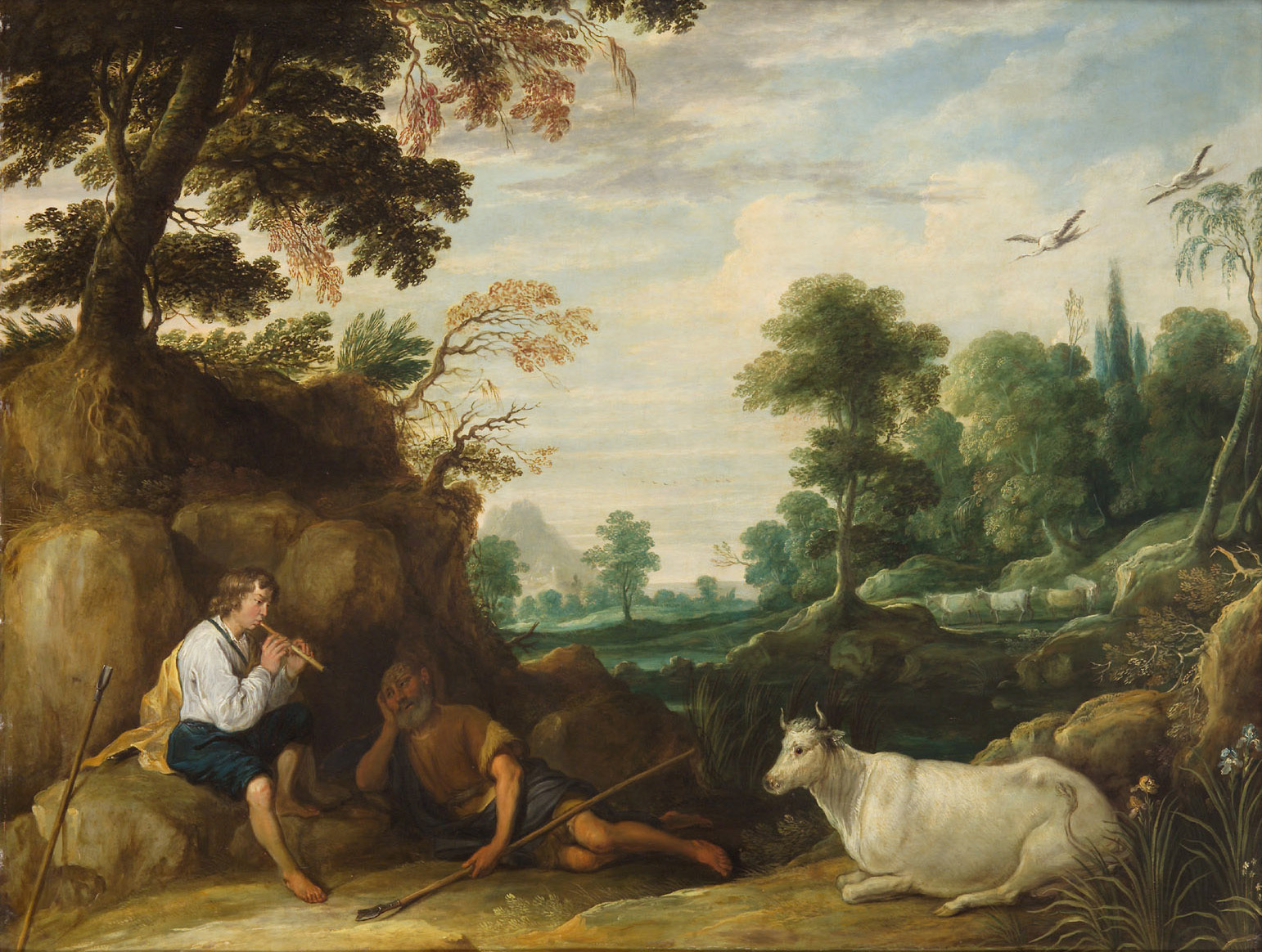 David Teniers d. Ä. | Merkur, Argus und Io | Displayed motifs: White dove, Tree, Goat, Bird, Man, Animal, Clothing, 