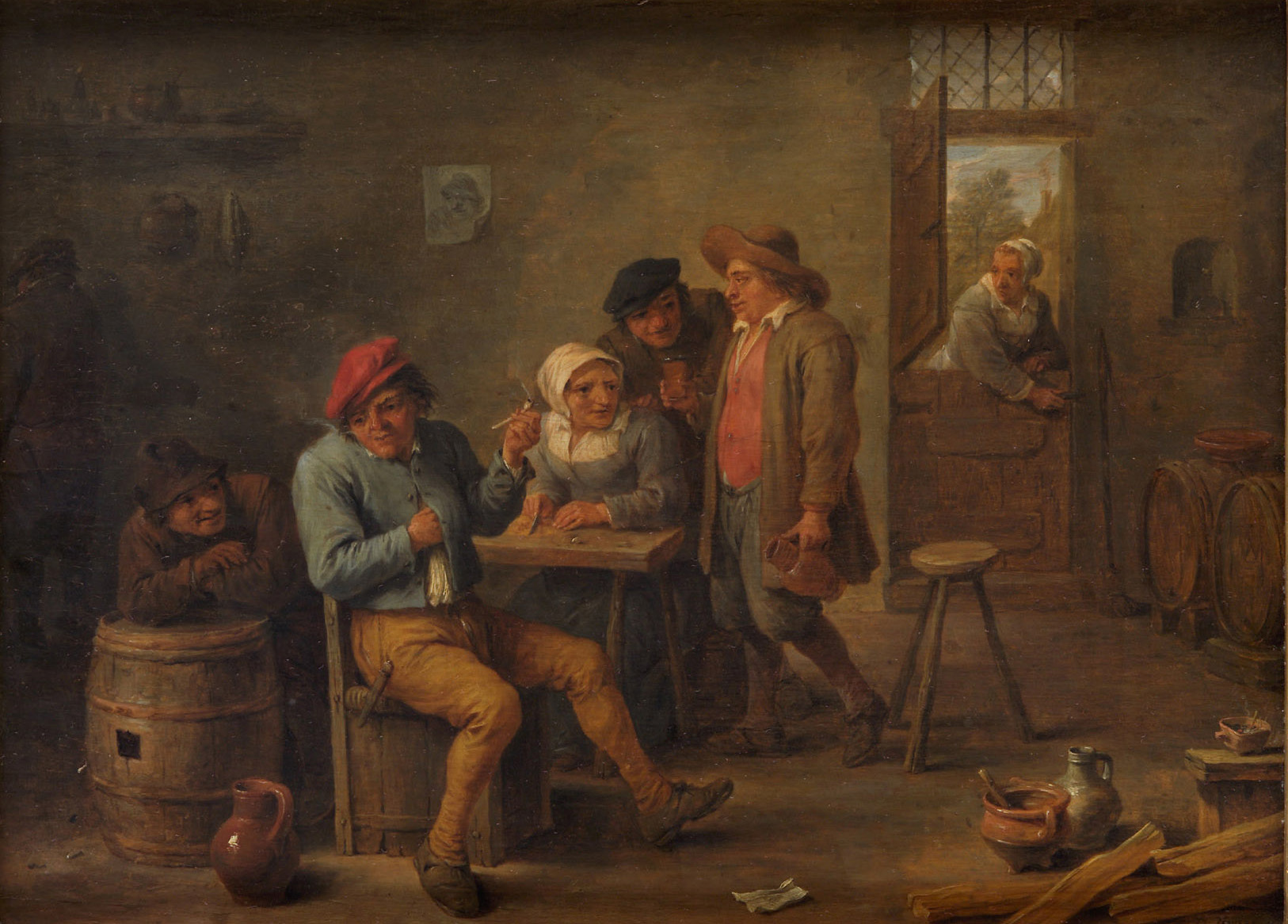 David Teniers d. J. | Wirtshausszene | Displayed motifs: Putto, Veil, Man, Clothing, Human face, Footwear, Barrel, 