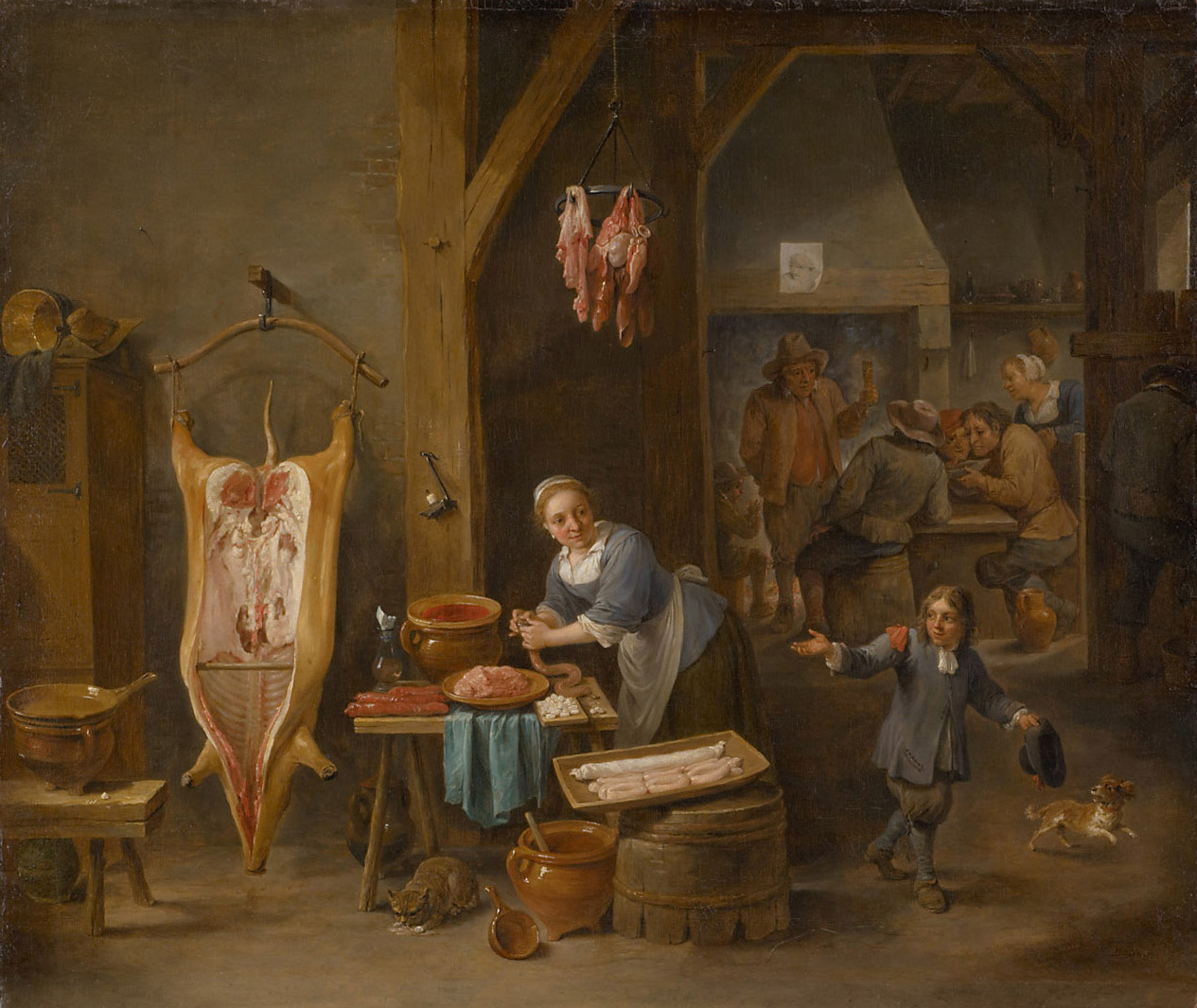 David Teniers d. J. | Wurstmachen | Displayed motifs: Person, Food, Table, Man, Clothing, Dog, Angel, 