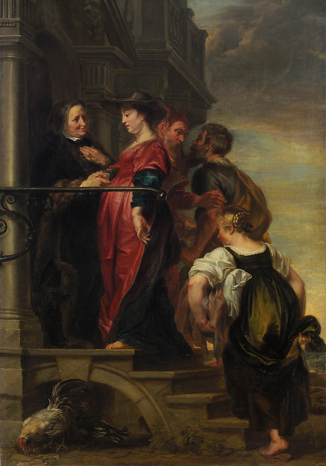 Theodor van Thulden | The Visitation | Displayed motifs: Chicken, Human face, Woman, Clothing, Man, Footwear, 