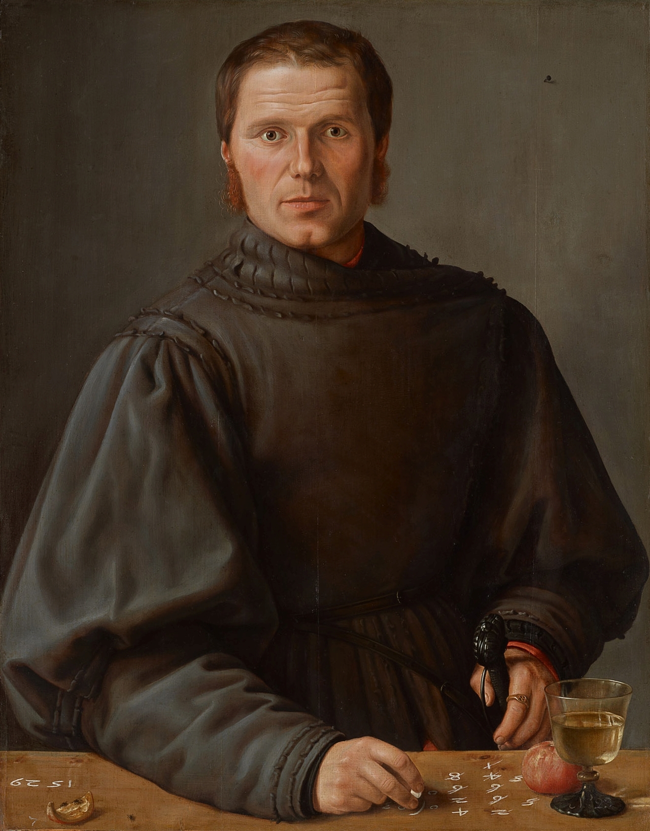 Barthel Beham | Portrait of an Arbitrator or Mathematician | Displayed motifs: Human face, Man, Clothing, Drink, Wine glass, Person, 