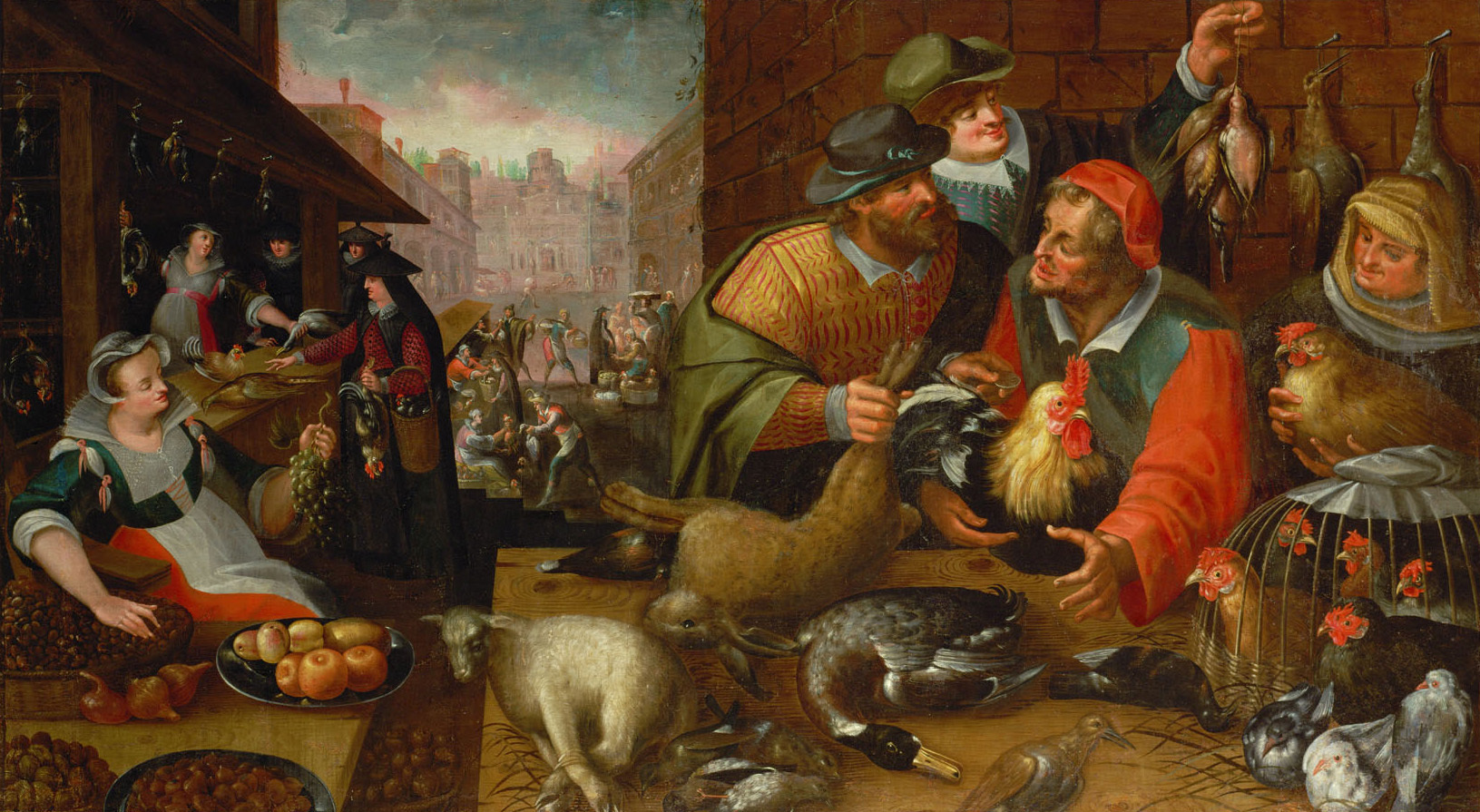 Anonym | Geflügelmarkt (Herbst) | Displayed motifs: Chicken, Woman, Cat, Clothing, Man, Human face, Animal, 