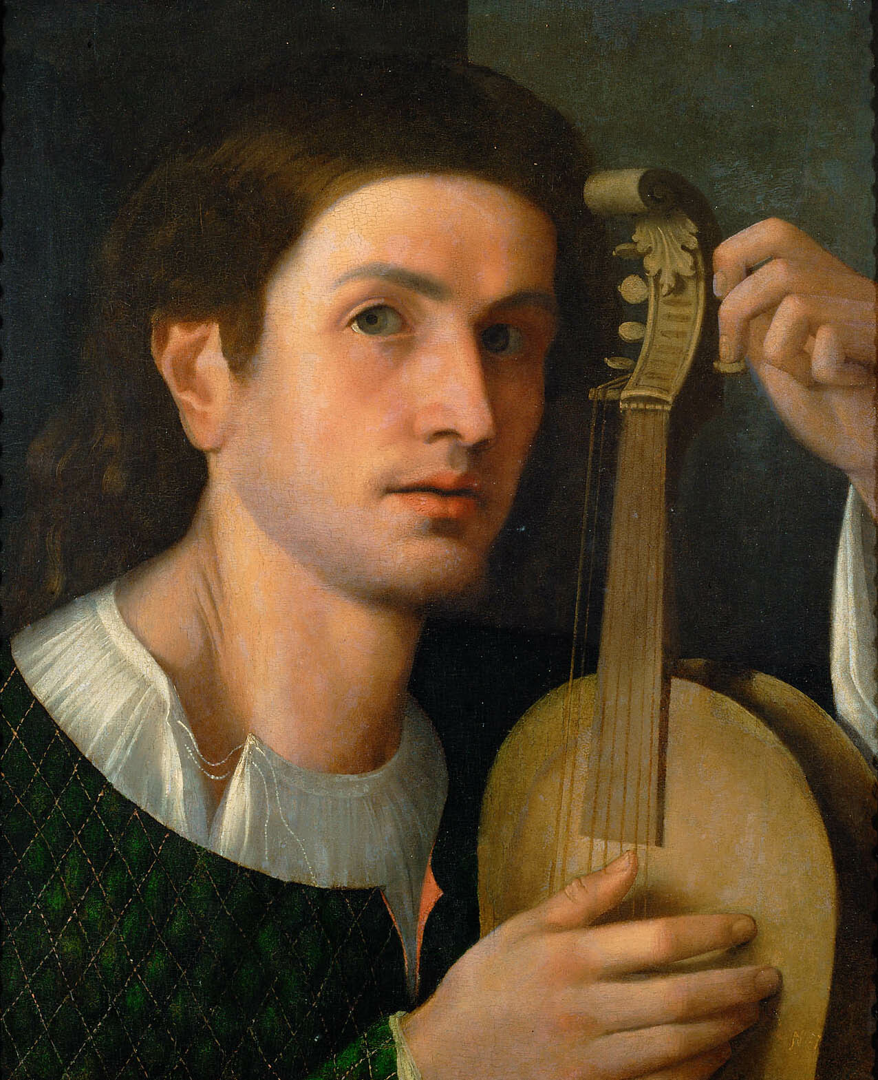 Venezianisch | Lira da braccio – Player | Displayed motifs: Human face, Guitar, Halo, Clothing, Man, Person, Woman, 