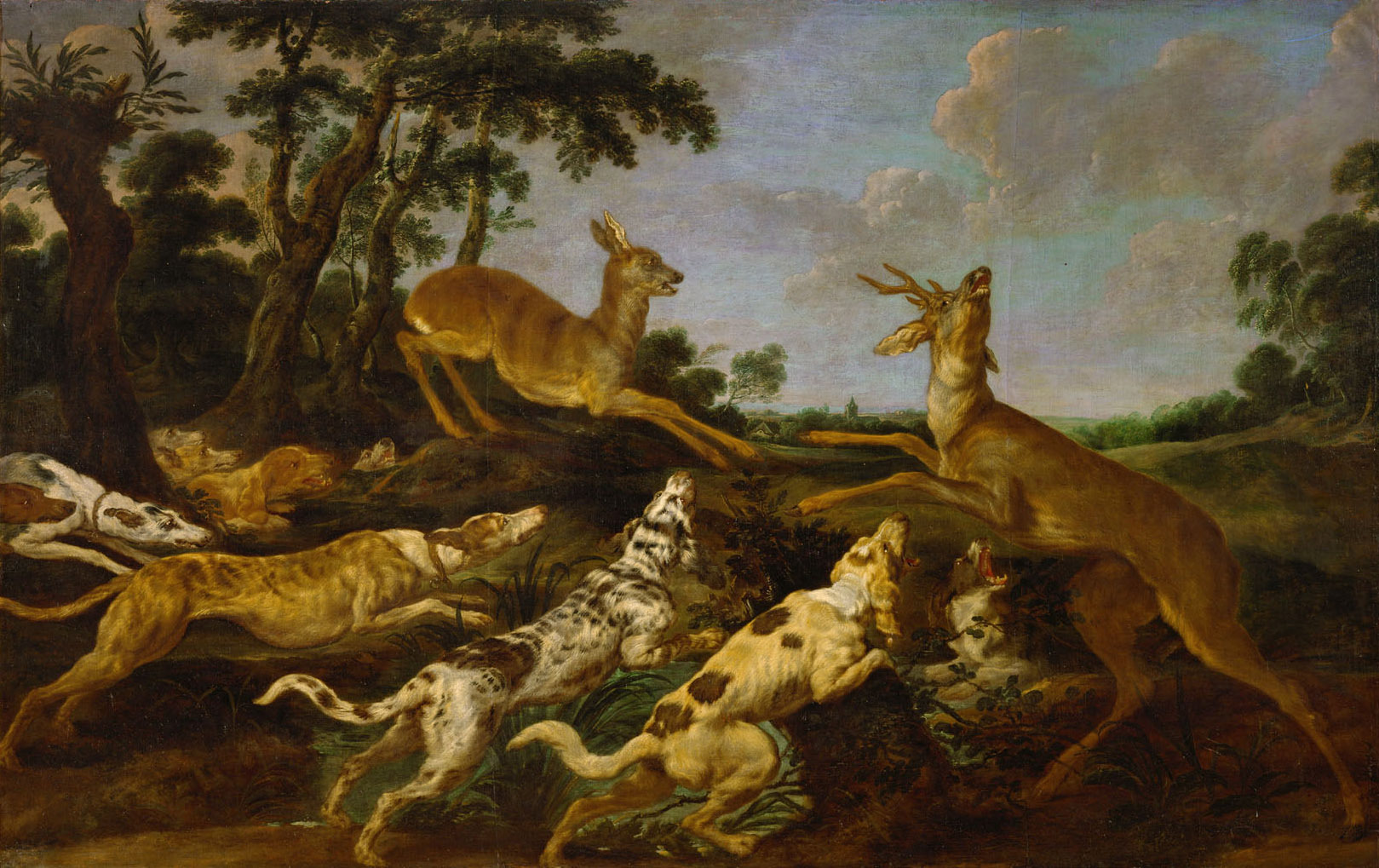 Paul de Vos | Jagd auf Rehe | Displayed motifs: Deer, Tree, Animal, Dog, Carnivore, 