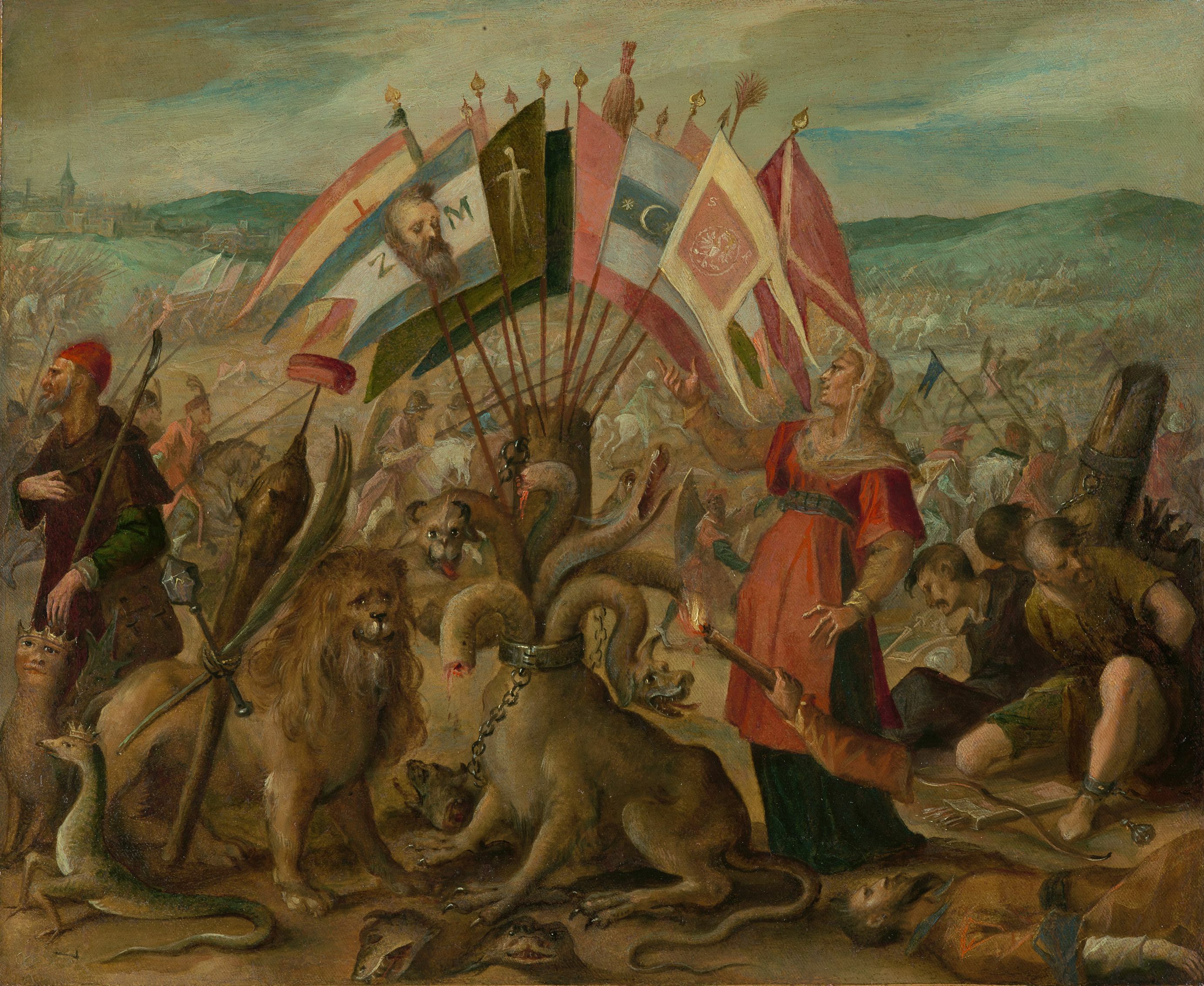 Hans von Aachen | Allegorie auf die Schlacht bei Kronstadt (Brasov) | Displayed motifs: Lion, Miter, Person, Clothing, Animal, 