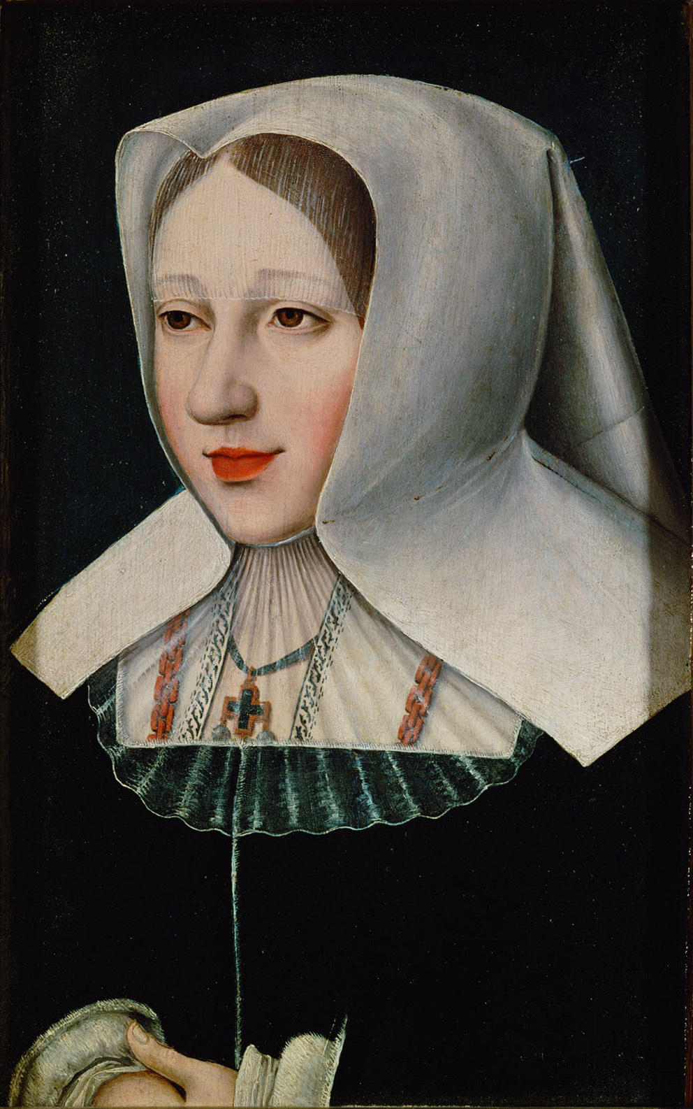 Niederländisch | Erzherzogin Margarete (1480-1530), Brustbild als Witwe | Displayed motifs: Human face, Footwear, Woman, Veil, Clothing, Necklace, Fashion accessory, 