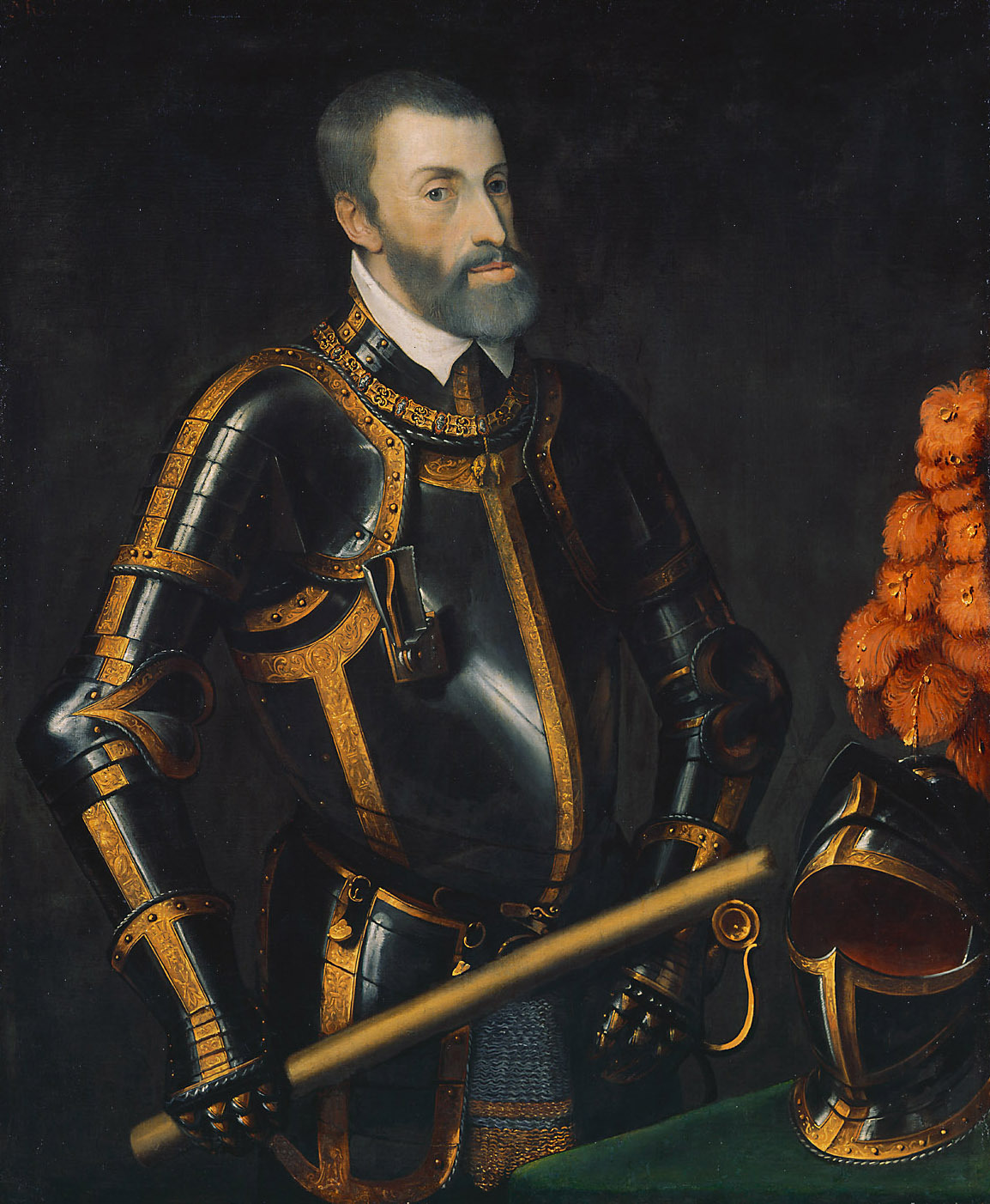 Anonym | Kaiser Karl V. (1500-1558) im Harnisch, Bildnis in halber Figur | Displayed motifs: Human face, Helmet, Clothing, Man, Person, Musical instrument, 