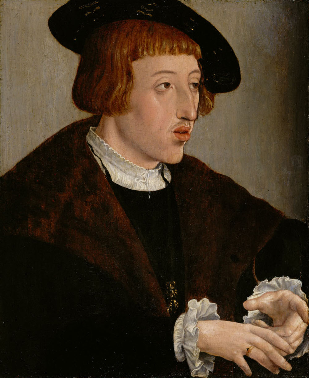 Anonym | Kaiser Ferdinand I. (1503-1564), Bildnis in halber Figur | Displayed motifs: Human face, Halo, Hat, Man, Clothing, Fashion accessory, Person, 