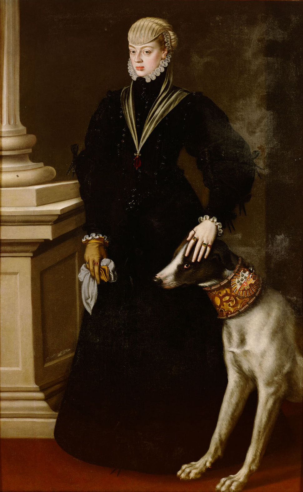 Alonso Sánchez Coello | Dona Juana (1535-1573), Prinzessin von Portgual, ganzfiguriges Bildnis im Alter von 22 Jahren mit einer Dogge | Displayed motifs: Dog, Human face, Miter, Person, Clothing, 