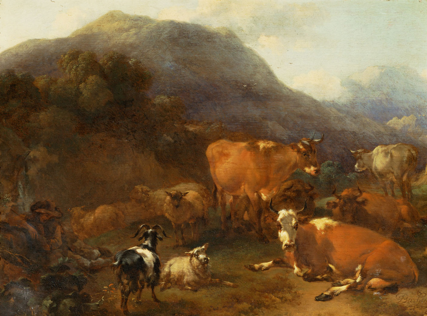 Nicolaes Berchem | Herde | Displayed motifs: Cattle, Goat, Bull, Animal, 