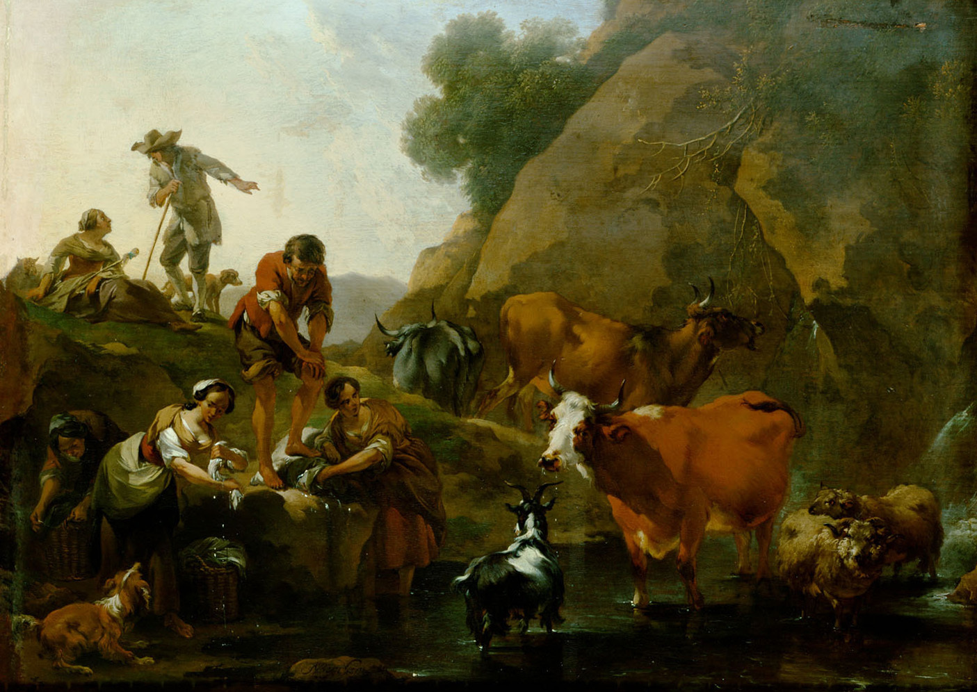 Nicolaes Berchem | Viehherde mit waschenden Frauen | Displayed motifs: Cattle, Animal, Angel, Man, Person, Chicken, Human face, 