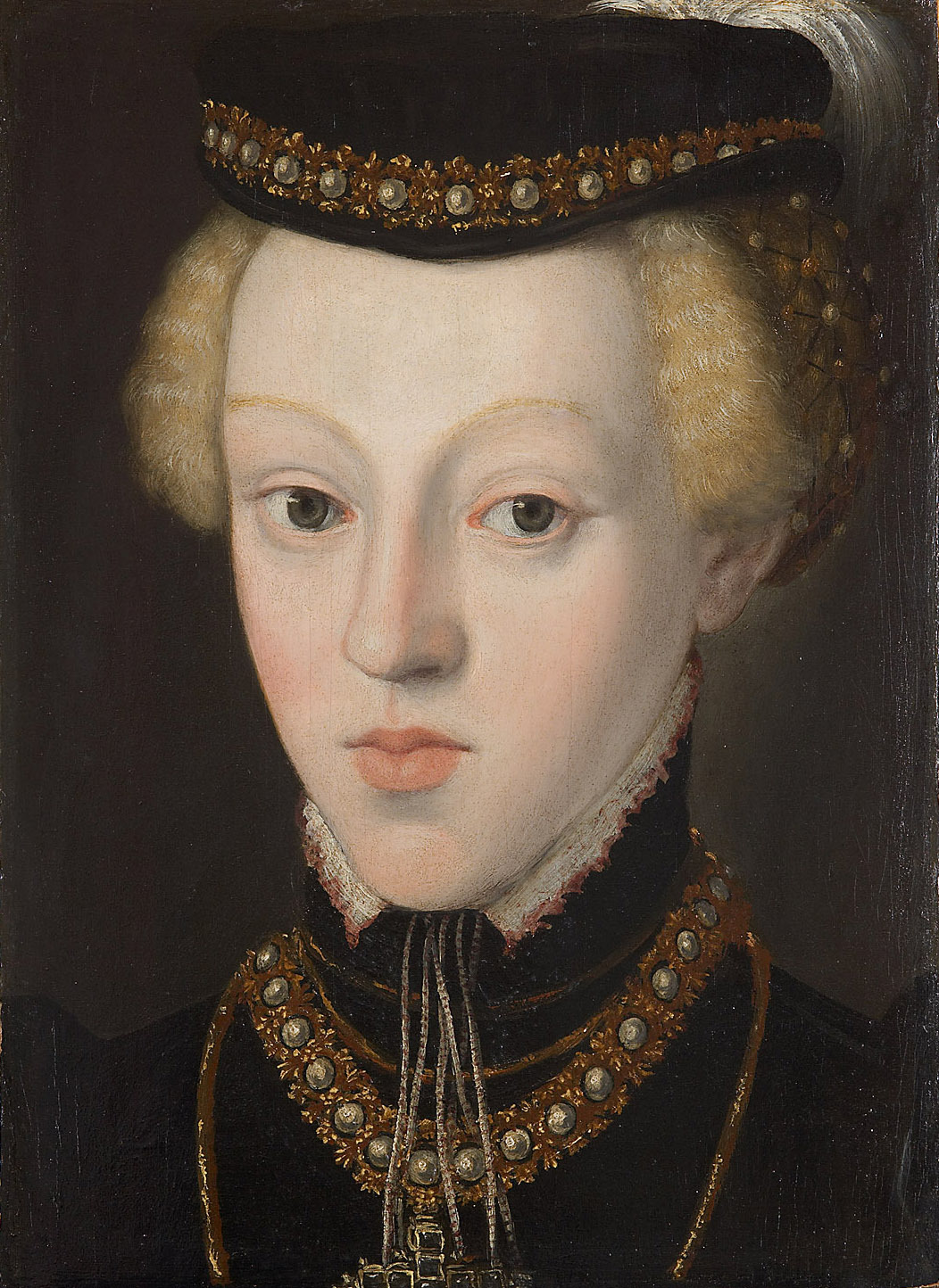 Giuseppe Arcimboldo | Erzherzogin Johanna (1547-1578), Großherzogin von Toskana im Alter von etwa 9 - 10 Jahren, Brustbild | Displayed motifs: Human face, Necklace, Crown, Halo, Man, Hat, Woman, 