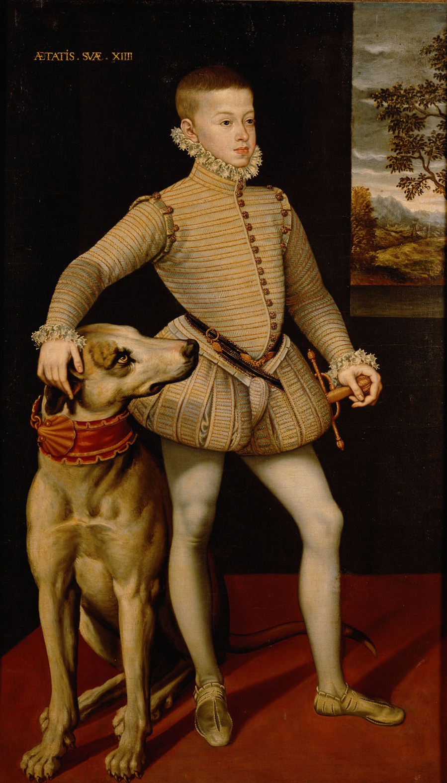 Spanisch | Erzherzog Albrecht VII. (1559-1621) im Alter von 14 Jahren mit einer Dogge, in ganzer Figur | Displayed motifs: Dog, Wound, Human face, Footwear, Person, Tree, Woman, 