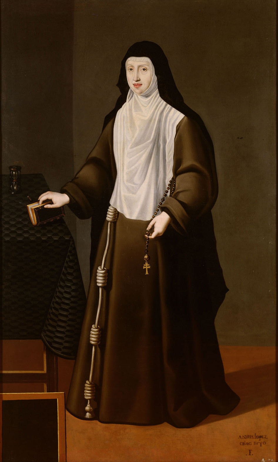 Andres López Polanco | Erzherzogin Margarete (1567-1633), Tochter von Maximilian II. als Nonne in ganzer Figur | Displayed motifs: Veil, Human face, Dress, Furniture, Clothing, Woman, Fashion accessory, 
