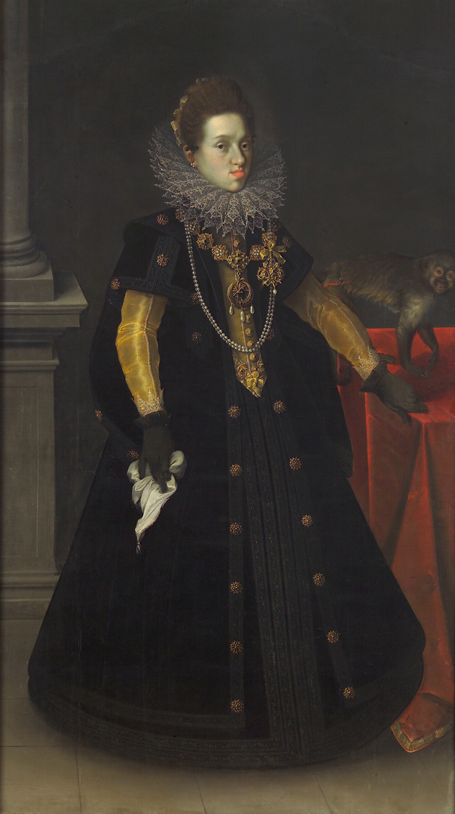 Joseph Heintz d. Ä. | Erzherzogin Konstanze (1588-1631), Königin von Polen, mit einer Meerkatze | Displayed motifs: Fashion accessory, Monkey, Human face, Woman, Clothing, Madonna, Dress, 