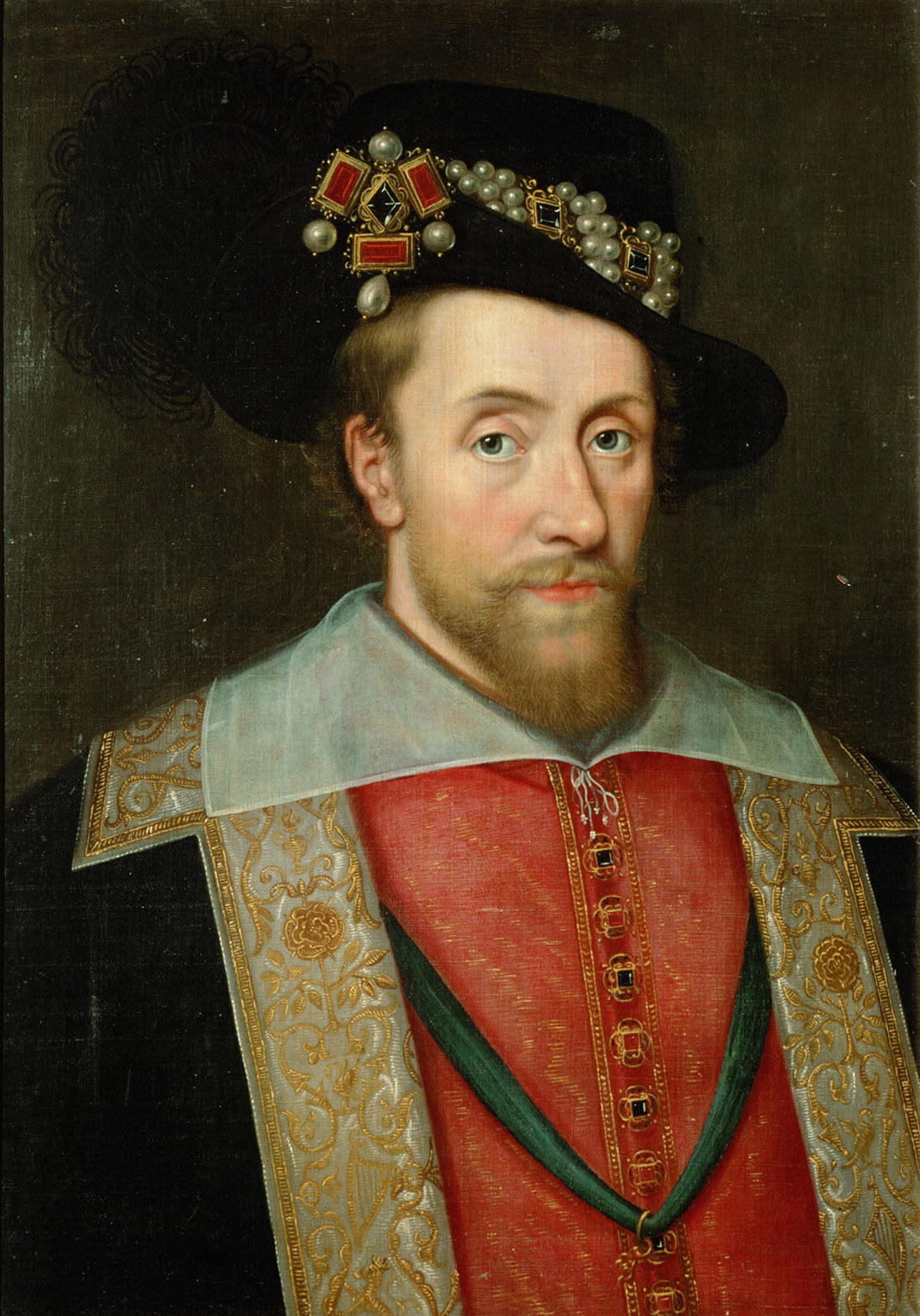 Anonym | König Jakob I. (1566-1625) von England und Schottland, Brustbild | Displayed motifs: Human face, Clothing, Man, Crown, Halo, Fashion accessory, Hat, 