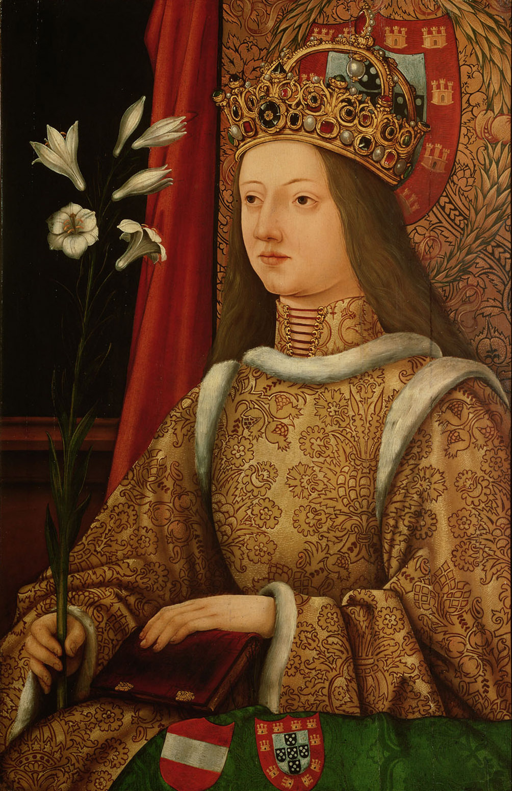 Hans Burgkmair d. Ä. | Eleonore von Portugal (1434/1437-1467), Kaiserin, Halbfigur, nach einem verlorenen Original von 1468 | Displayed motifs: Coat of arms, Crown, Human face, Woman, Flower, Clothing, Halo, 