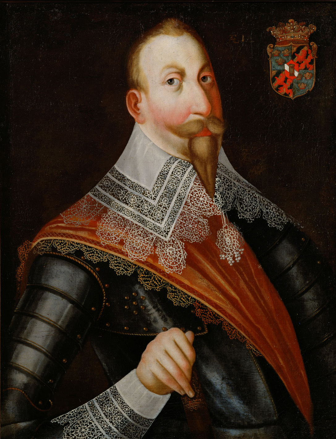 Deutsch | König Gustav II. Adolf (1594-1632) von Schweden, Halbfigur | Displayed motifs: Coat of arms, Human face, Clothing, Footwear, Person, Man, Fashion accessory, 
