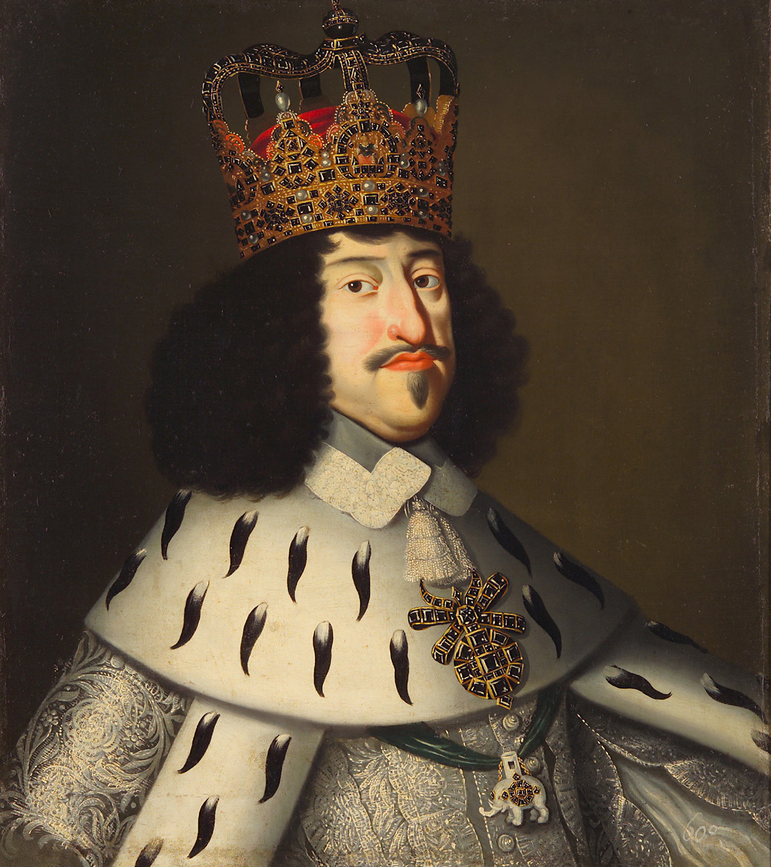 Dänisch | König Friedrich III. (1609-1670) von Dänemark und Norwegen im Krönungsgewand, Brustbild | Displayed motifs: Crown, Clothing, Human face, Person, Miter, Halo, Thorn crown, 