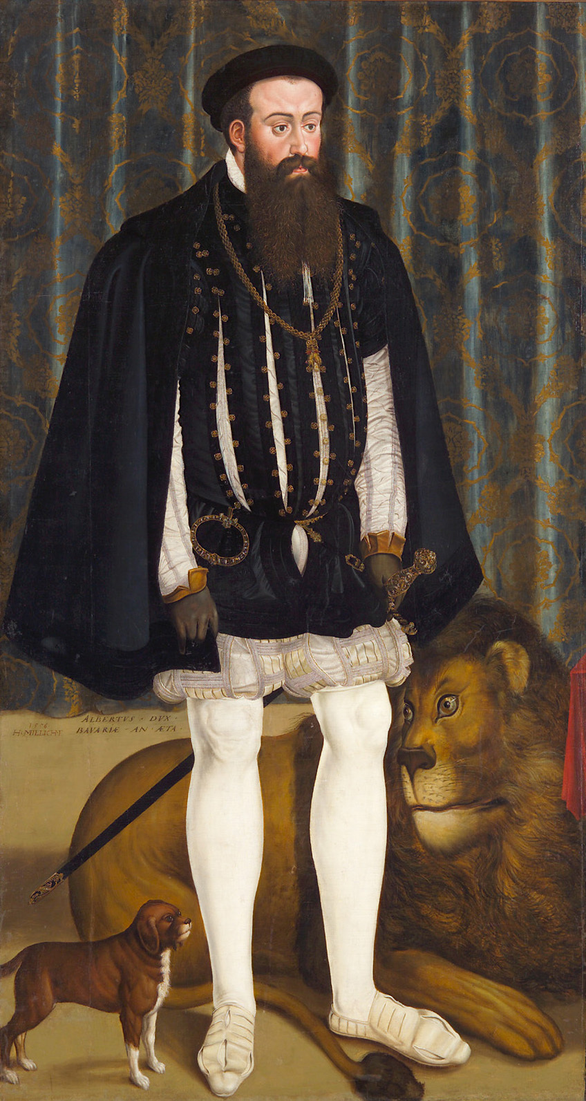 Hans Mielich | Herzog Albrecht V. (1528-1579) von Bayern mit einem Löwen | Displayed motifs: Dog, Clothing, Human face, Footwear, Man, Lion, Person, 