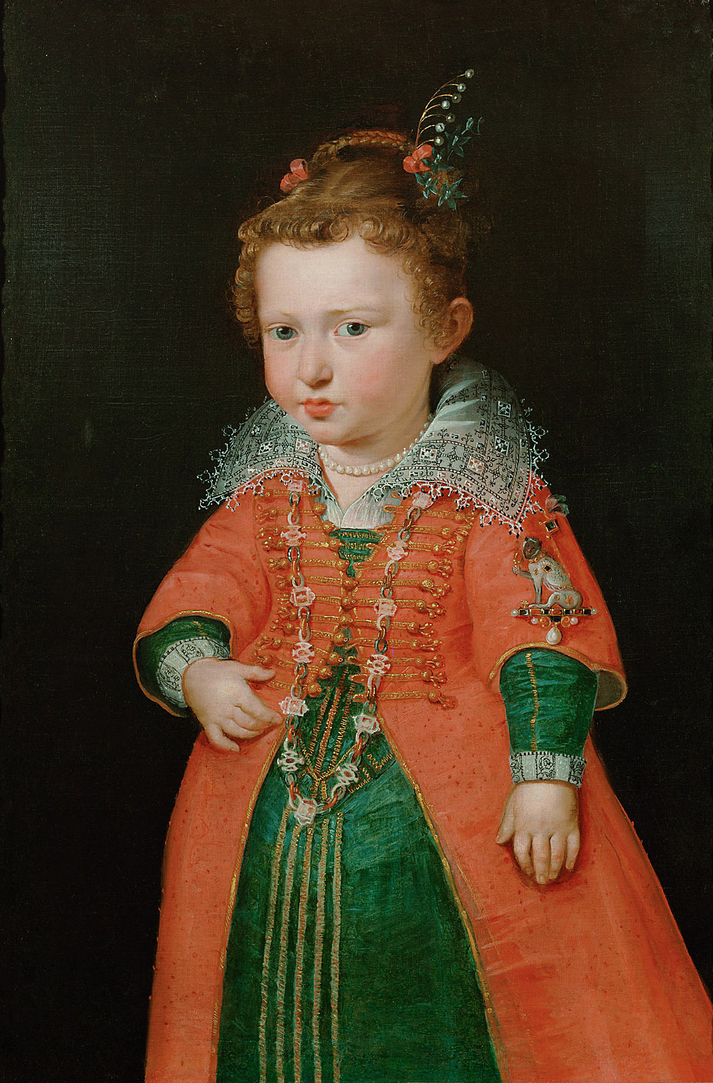 Anonym | Eleonore von Gonzaga (1598-1655), Kaiserin, im Alter von zwei Jahren, Kniestück | Displayed motifs: Madonna, Human face, Clothing, Woman, Fashion accessory, Girl, Dress, 
