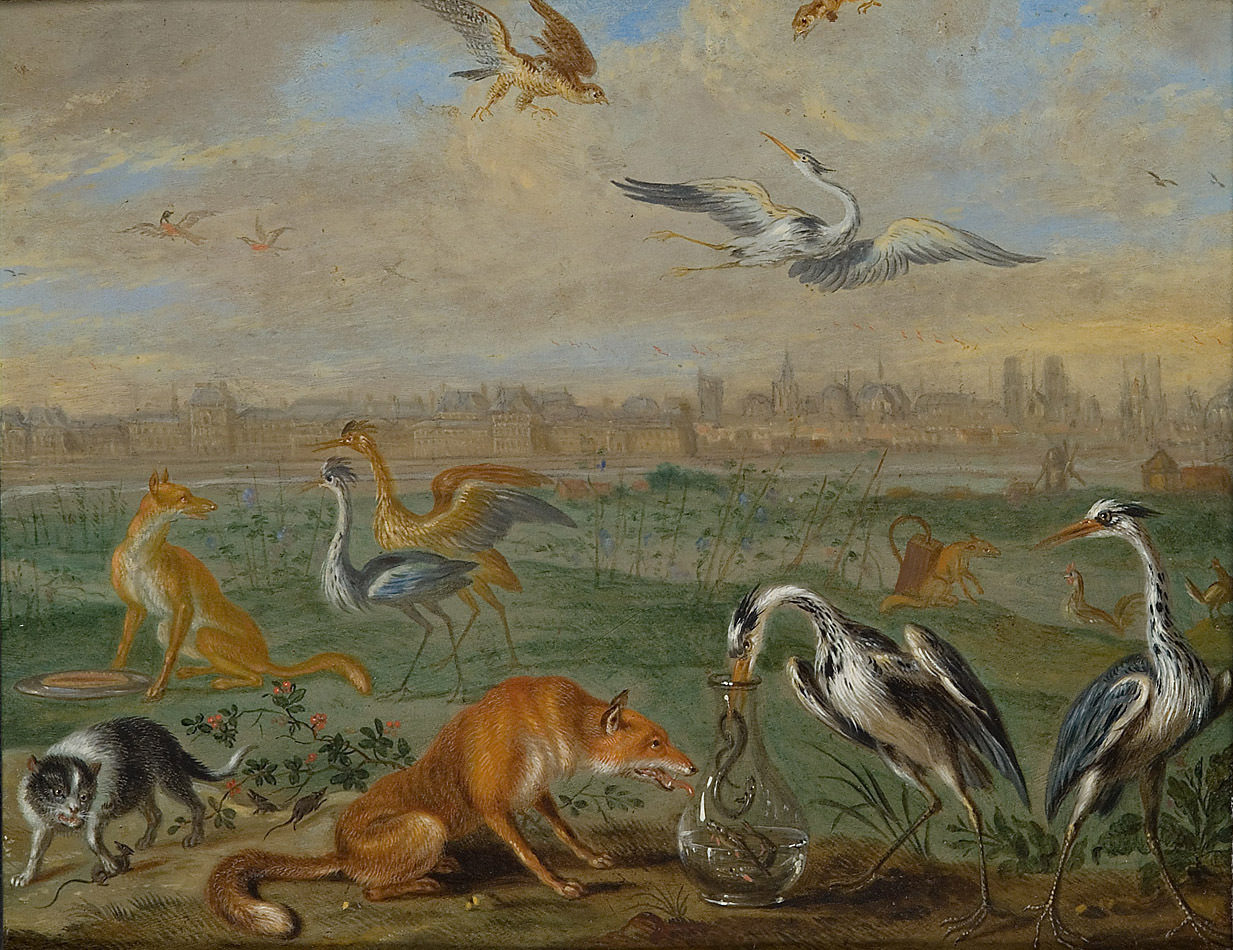 Ferdinand van Kessel | Ansichten aus den vier Weltteilen mit Szenen von Tieren: Paris | Displayed motifs: White dove, Cat, Bird, Goose, Fox, Animal, Dog, 