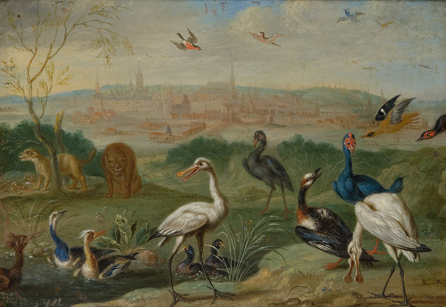 Ferdinand van Kessel | Ansichten aus den vier Weltteilen mit Szenen von Tieren: Stockholm | Displayed motifs: White dove, Bird, Tree, Animal, Chicken, Duck, Angel, 