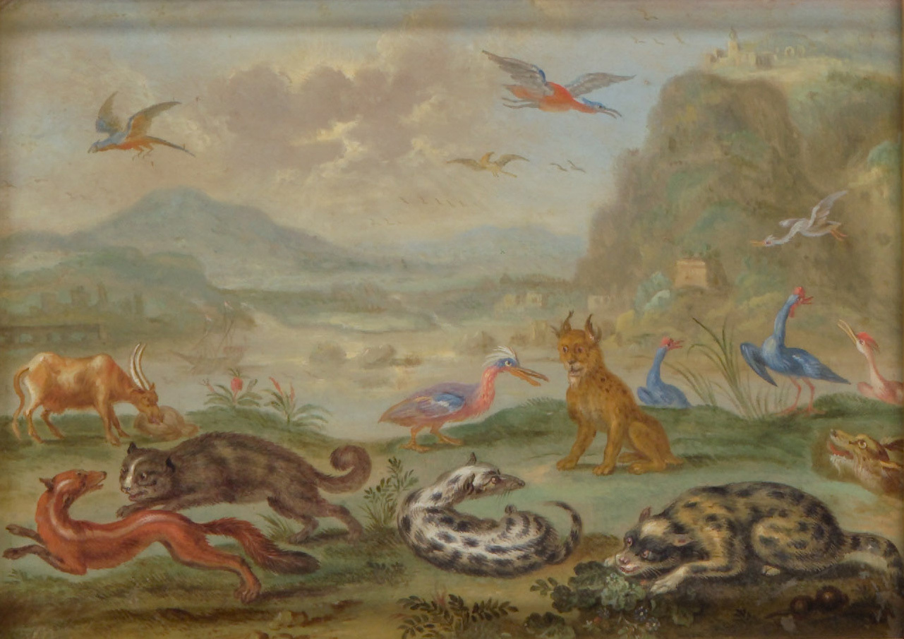 Ferdinand van Kessel | Ansichten aus den vier Weltteilen mit Szenen von Tieren: Berg Carmel | Displayed motifs: White dove, Bird, Cat, Cattle, Animal, Putto, 