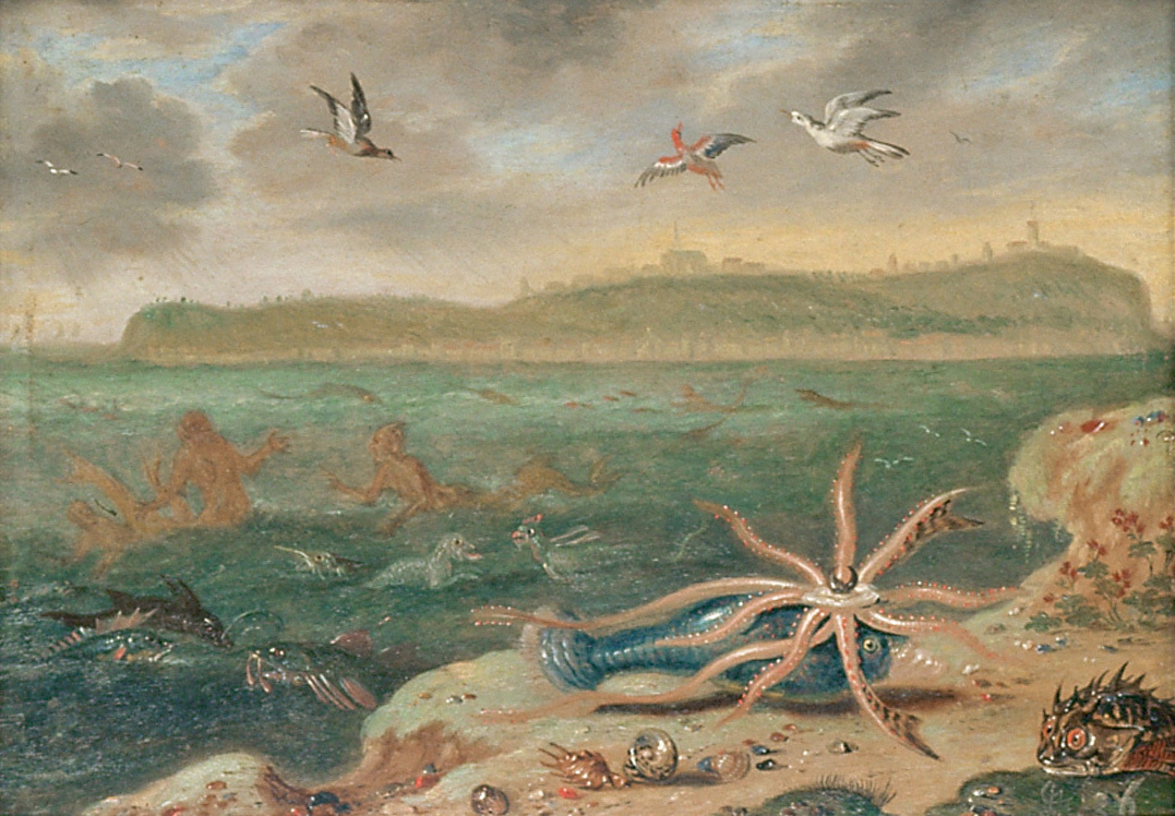 Ferdinand van Kessel | Ansichten aus den vier Weltteilen mit Szenen von Tieren: Luanda (Angola) | Displayed motifs: White dove, Bird, Starfish, Angel, 