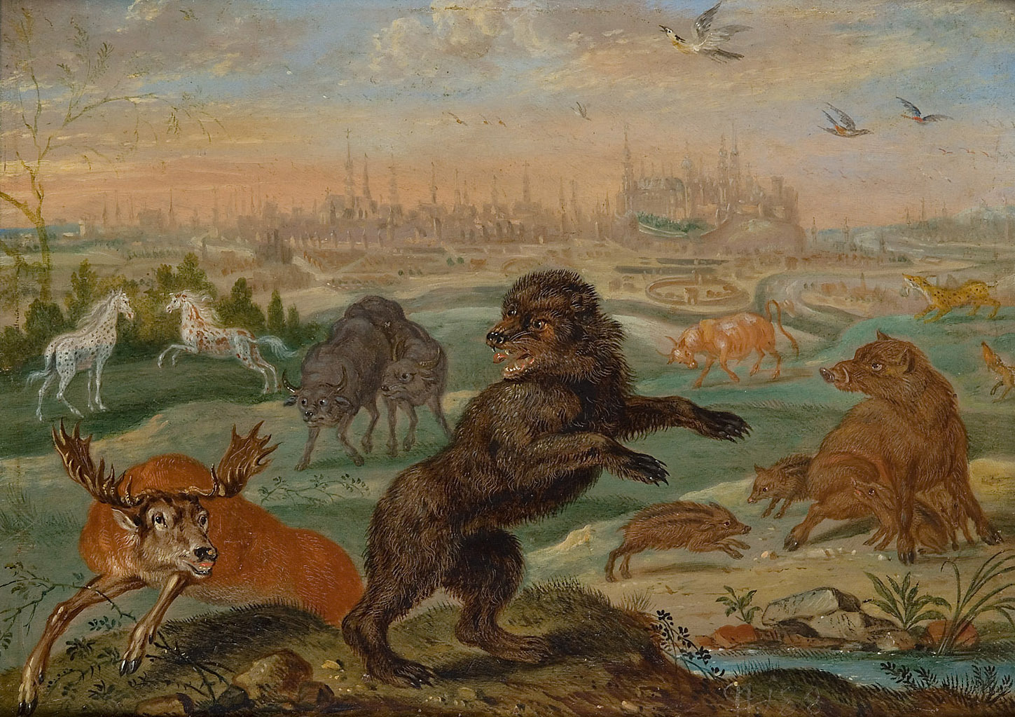 Ferdinand van Kessel | Ansichten aus den vier Weltteilen mit Szenen von Tieren: Krakau | Displayed motifs: White dove, Animal, Carnivore, Giraffe, Angel, Tree, Bird, 