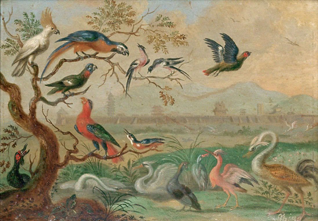 Ferdinand van Kessel | Ansichten aus den vier Weltteilen mit Szenen von Tieren: Peking | Displayed motifs: Bird, White dove, Parrot, Plant, 