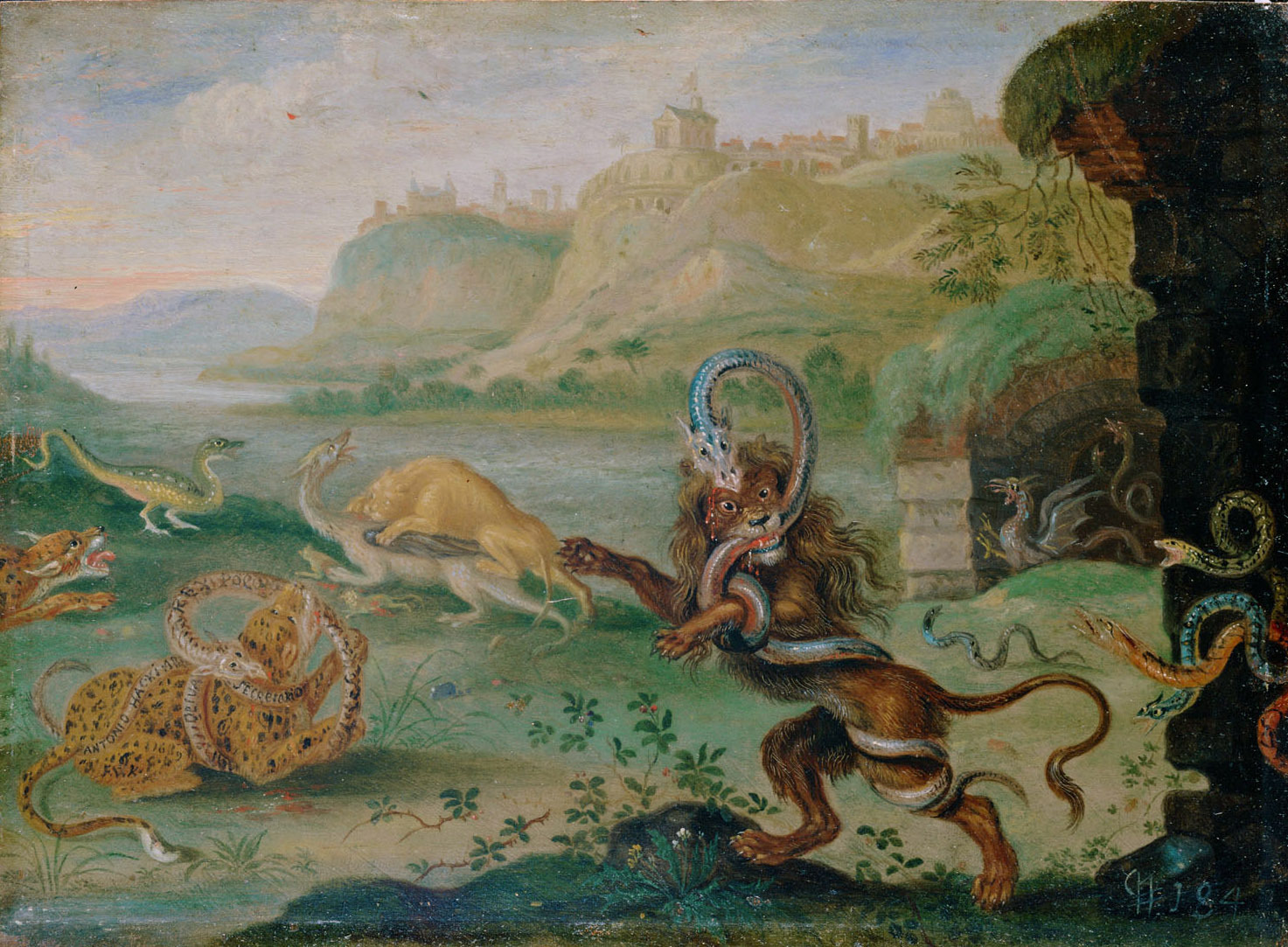 Ferdinand van Kessel | Ansichten aus den vier Weltteilen mit Szenen von Tieren: Sao Salvador do Congo | Displayed motifs: Animal, Kangaroo, Mammal, Halo, Fish, 