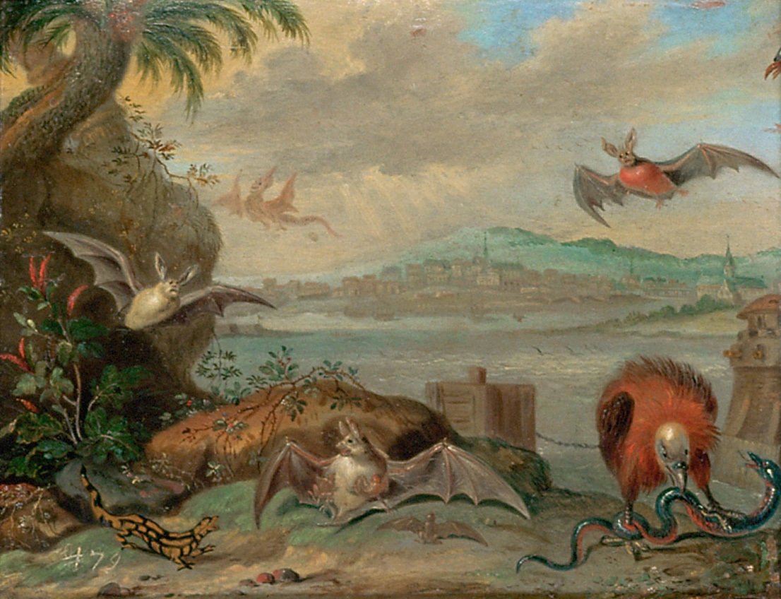 Ferdinand van Kessel | Ansichten aus den vier Weltteilen mit Szenen von Tieren: Cartagena (Kolumbien) | Displayed motifs: Bird, White dove, Animal, Plant, Tree, Angel, Palm tree, 