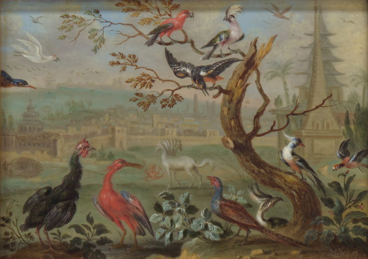 Ferdinand van Kessel | Ansichten aus den vier Weltteilen mit Szenen von Tieren: Amadabad | Displayed motifs: White dove, Bird, Chicken, Tree, Turkey, Animal, Angel, 